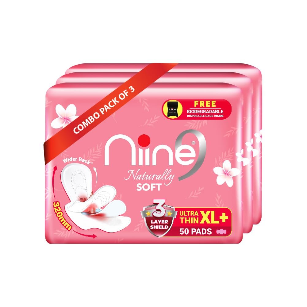 NIINE Naturally Soft Ultra Thin XL+ Sanitary Napkins for Heavy Flow (Pack of 3) 150 Pads with Free Biodegradable Disposal Bags