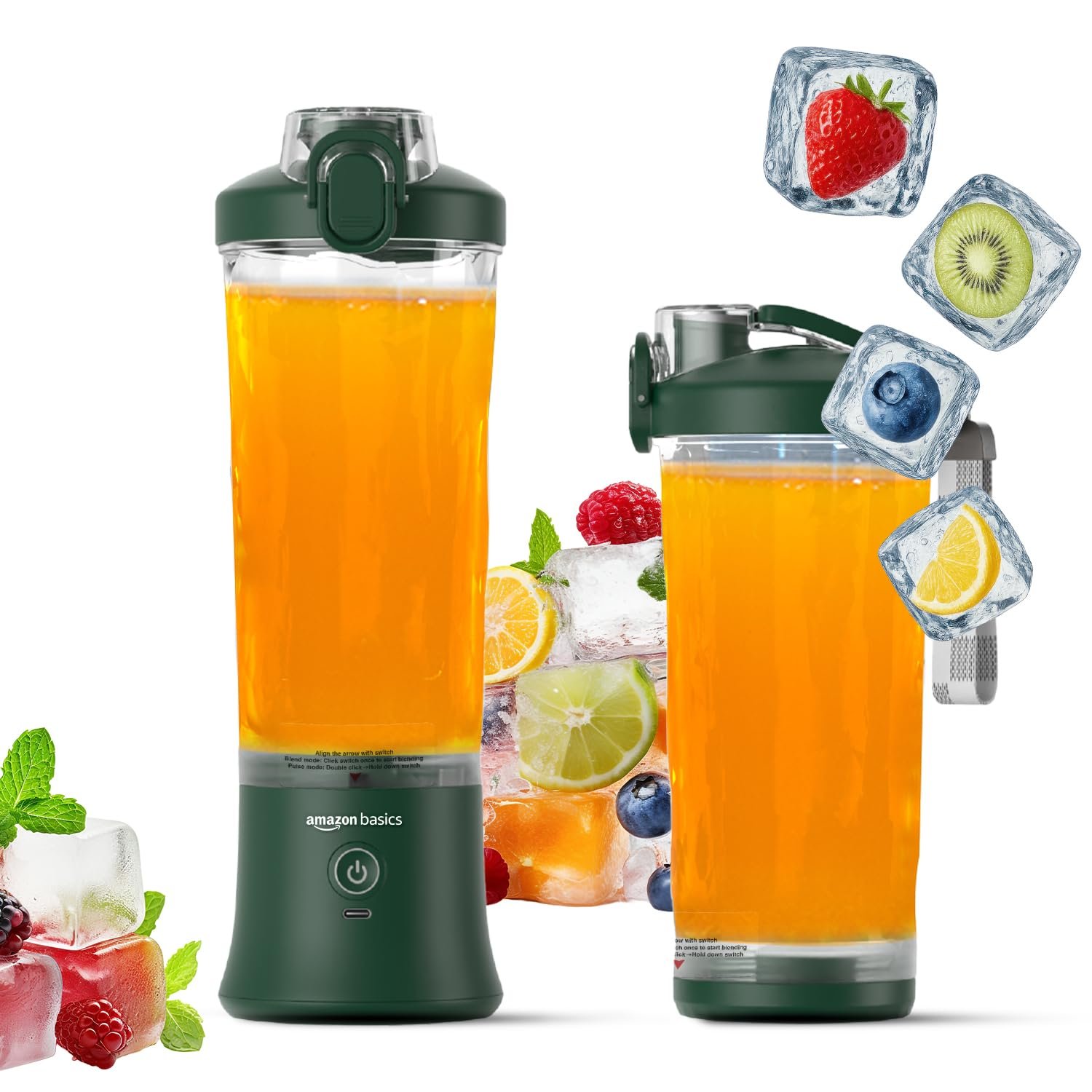 Amazon Basics Portable Hand Blender for Smoothies and Juices | USB Rechargeable | 6 Stainless Steel Blades | 600 ml Food Grade Jar | 1 year Warranty | 2x2000 mAh Batteries (Sage Green)