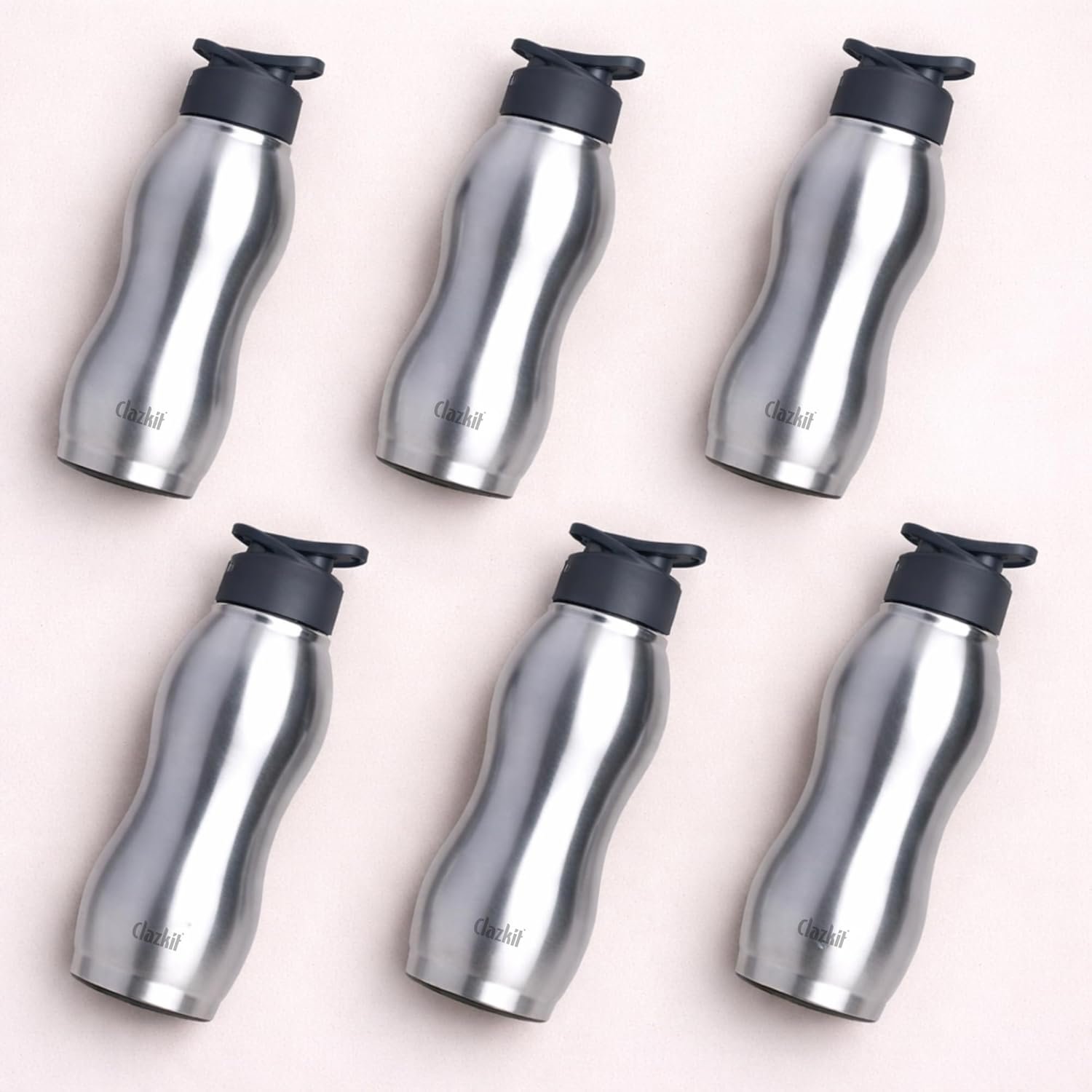 Clazkit Platina 750ml Sporty Stainless Steel Water Bottle Set of 6 |ISI Certified |Leakproof, Rust-Free, BPA-Free, Durable for College, Fridge, Sports, Gym, Yoga & Office – Easy to Clean & Reu
