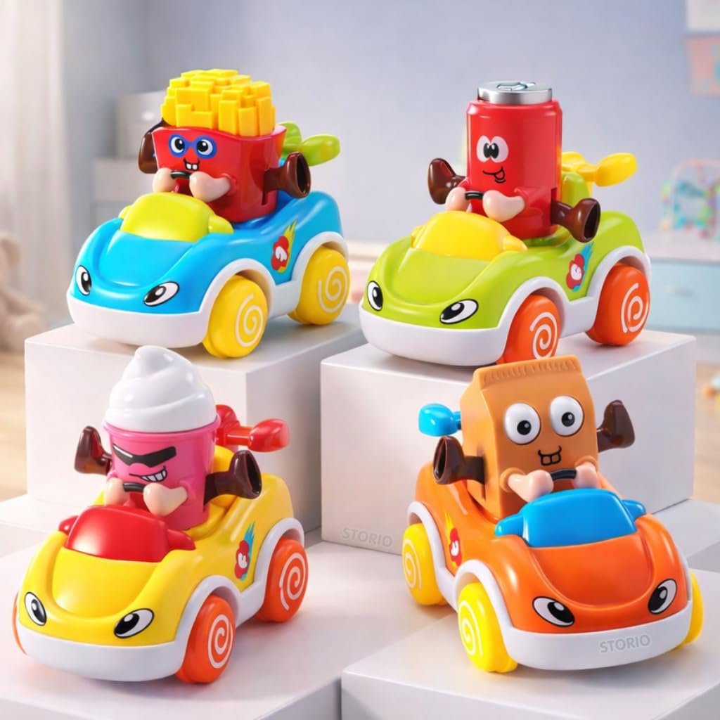 Storio Pack of 4 Foodie Toy Cars | Friction Powered Push and Go Vehicles | Educational Baby Cars for 1-3 Years | Cartoon Themed Mr Chips, Mr Milk, Mr Coca, Mr Icecream