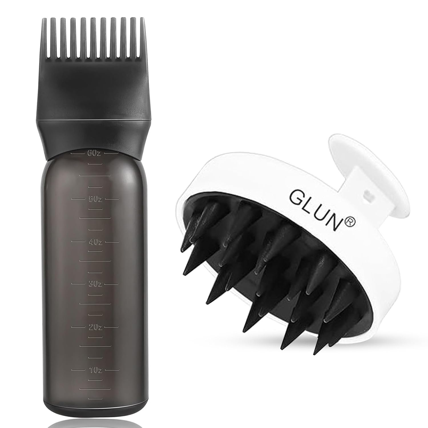 GLUN® Scalp Massager & Dye Comb Bottle Combo, White Anti-dandruff Soft Silicone Bristle & Purple 120ML Hair Dye Applicator Bottle with Hair Oil & Hair Colouring Bottle for Salon Use