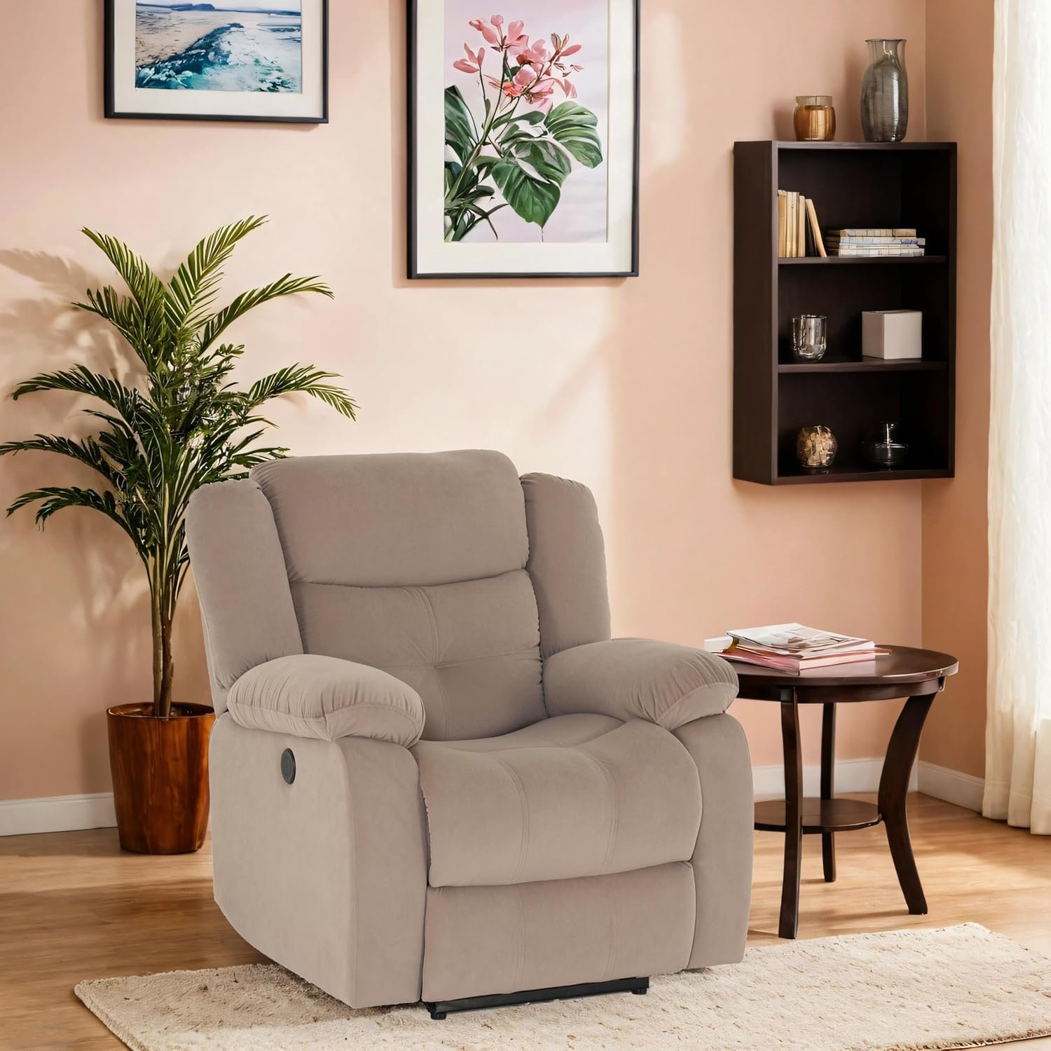 Peachtree Home Accents Avalon Motorised Recliner - 3 Year Warranty, Beige | 1 Seater Chair Sofa | Mango Wooden Frame with Velvet Fabric | Single Seater Sofa Recliner for Living Room Bedroom