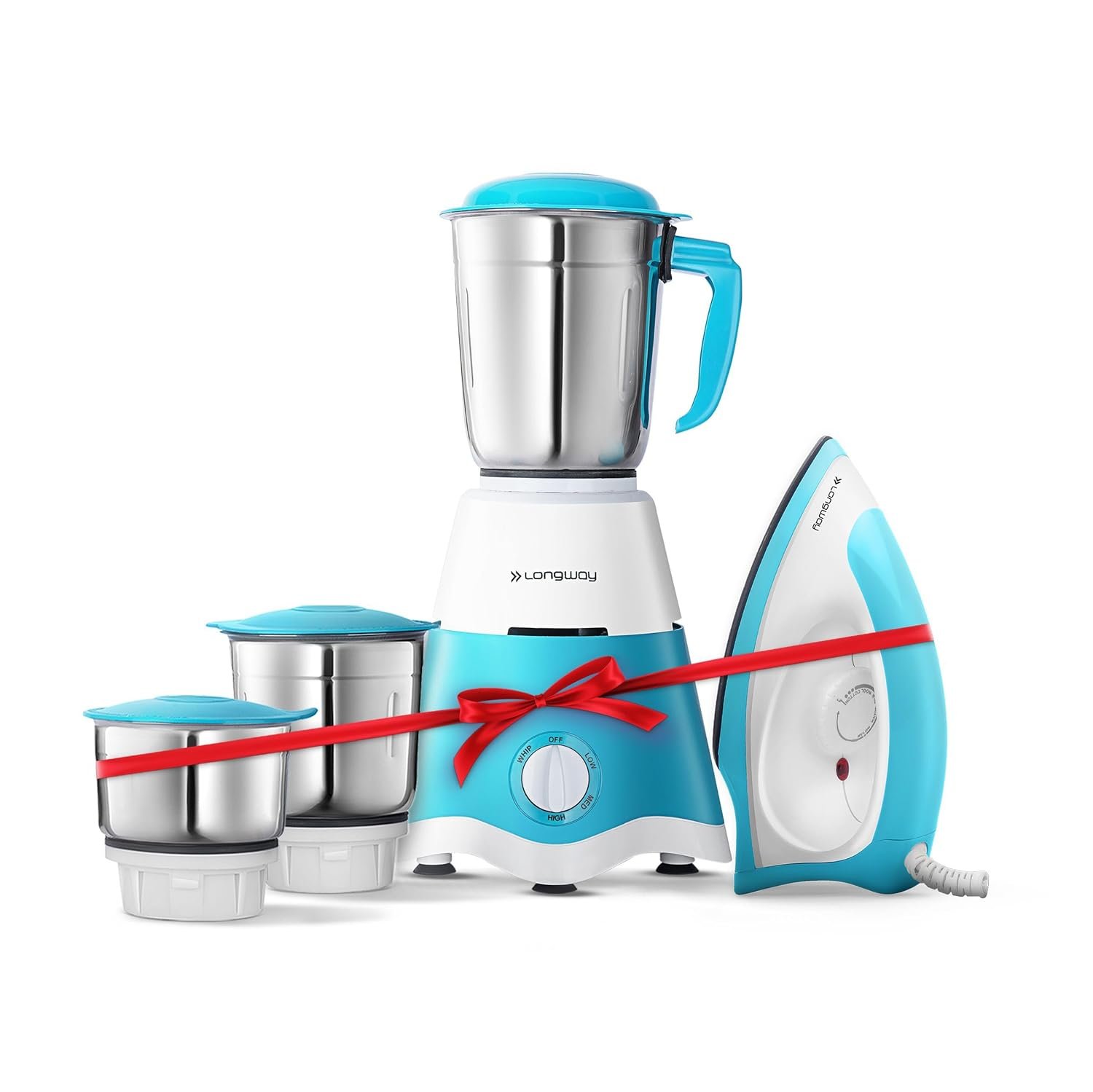 Longway Super Dlx Mixer Grinder with Kwid 1100W Dry Iron | 500 Watt Powerful Motor | 3 Jars for Grinding, Mixing, Juicing | 2 Year Warranty (Blue & White, Combo Offer)