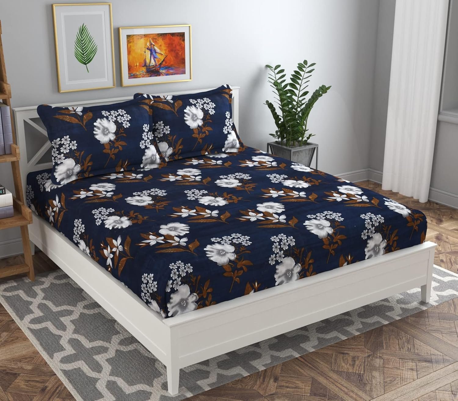 BSB HOME Double Floral Bedsheet with 2 Pillow Covers | 144 TC Soft Brushed Microfiber - Breathable & Wrinkle Free - 3 Pcs Set Multicolour, Blue White & Coffee