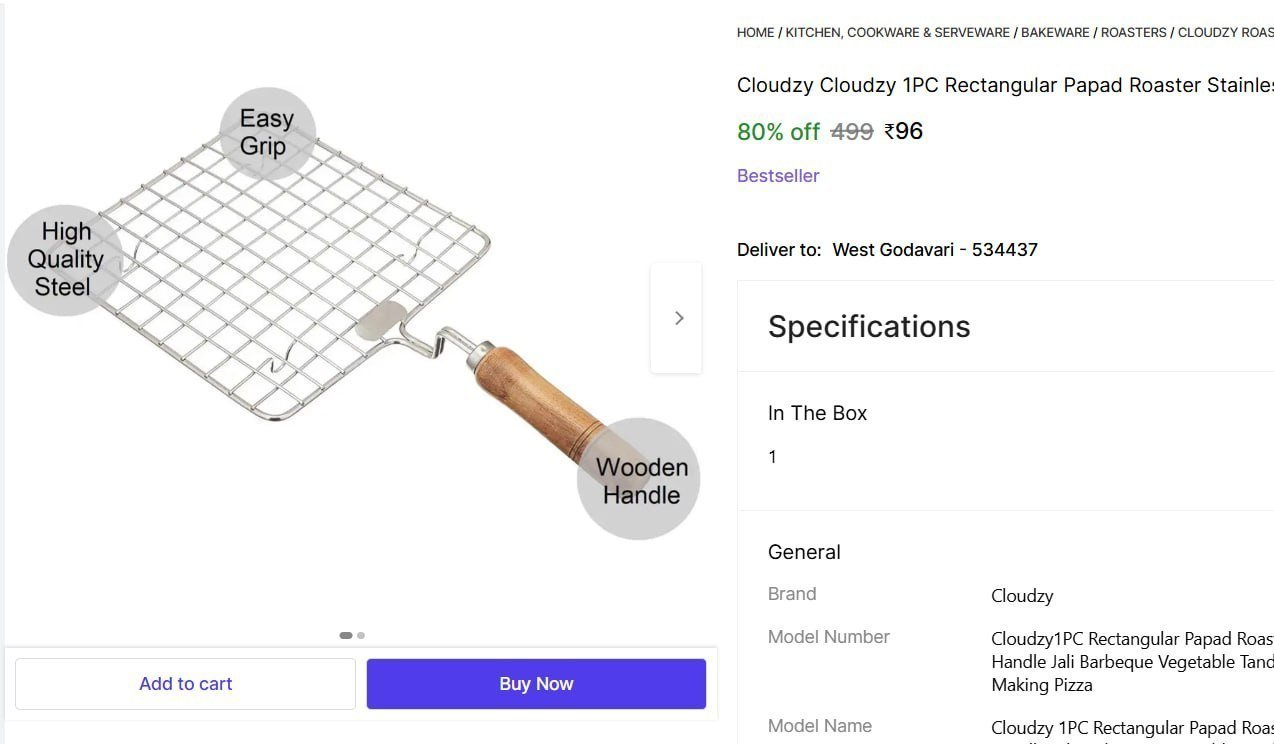 Cloudzy Cloudzy 1PC Rectangular Papad Roaster Stainless Steel Roti Maker with Wooden Handle Jali Barbeque Vegetable Tandoor Net Roaster with Paneer Grill Maker Fulka Making Pizza Grill 1 kg Roaster Pr