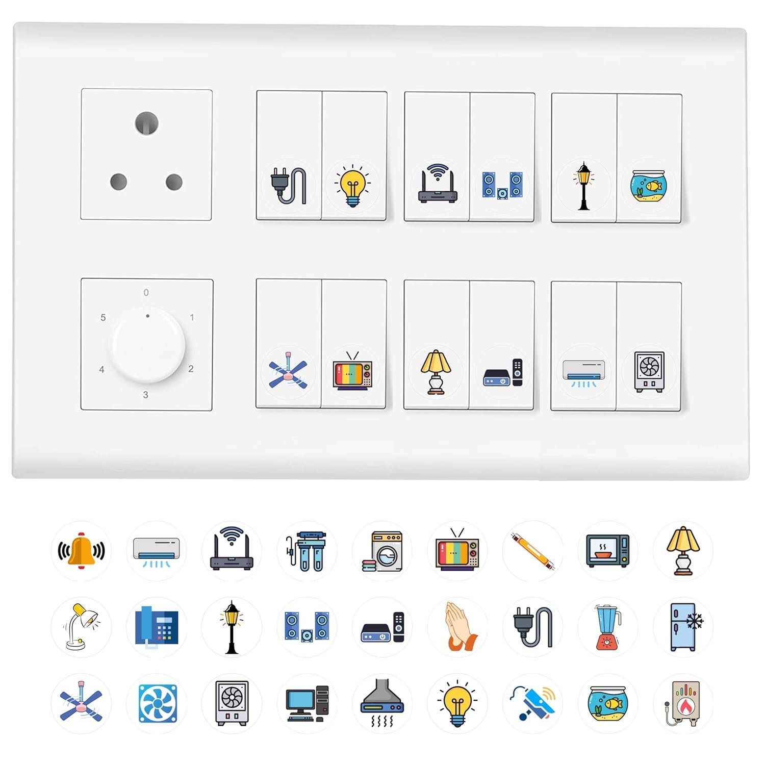 11 Strokes Switch Board Stickers for Home – 3 Sheets Self-Adhesive Switchboard Stickers with Colourful Appliance Icons, Decorative Electric Board Cover for White Wall Switches