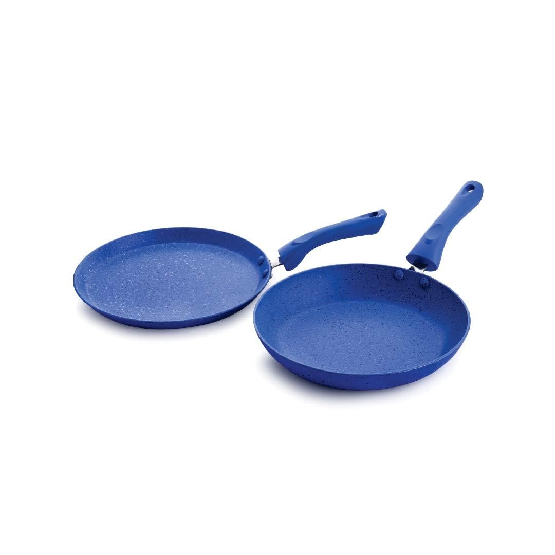 Crystal Marbo Plus Induction Bottom 2 Pc Nonstick cookware Set | Tawa 250 mm + Fry Pan 225 mm | Thickness: 3mm | 5 Layer Coating | Metal Spoon Friendly | Blue