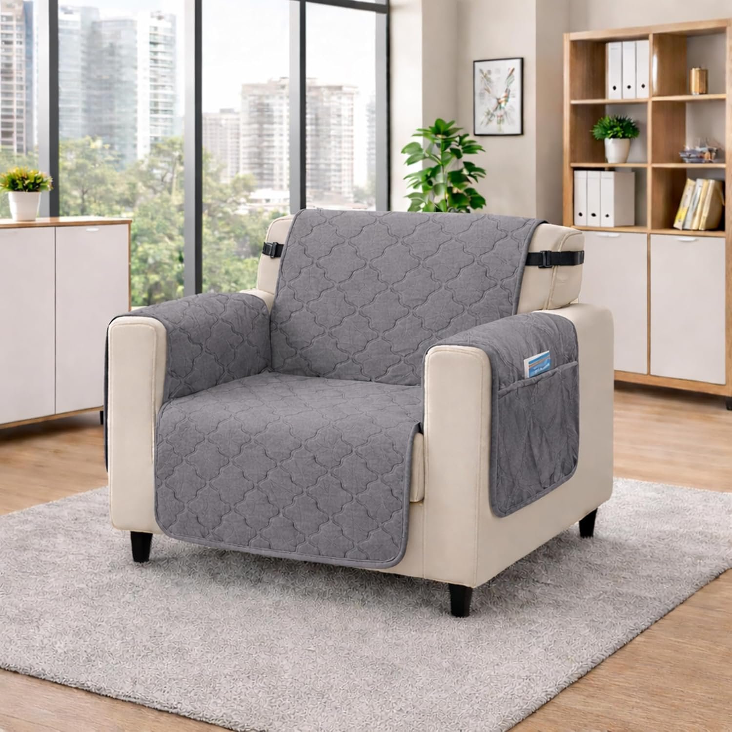 Cortina Velvet Reversible Quilted Sofa Cover, Washable Couch Cover with Non Slip and Elastic Straps (Grey, Single Seater)