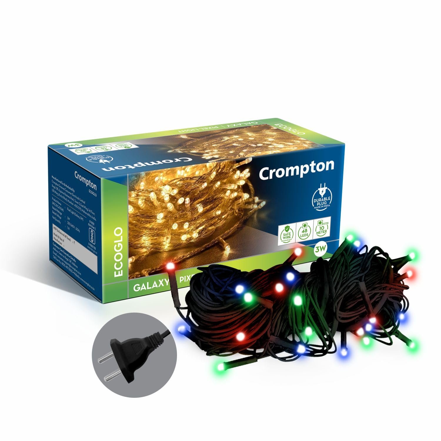 Crompton Galaxy Pixel Light | Festive Ladi Lights | 10 Meter | 48 LEDs | Multi-Colour | Pack of 1 | Direct 2-pin Plug | BIS Safe Wire | for Home Decoration, Diwali, Festival, Birthday, Marriage