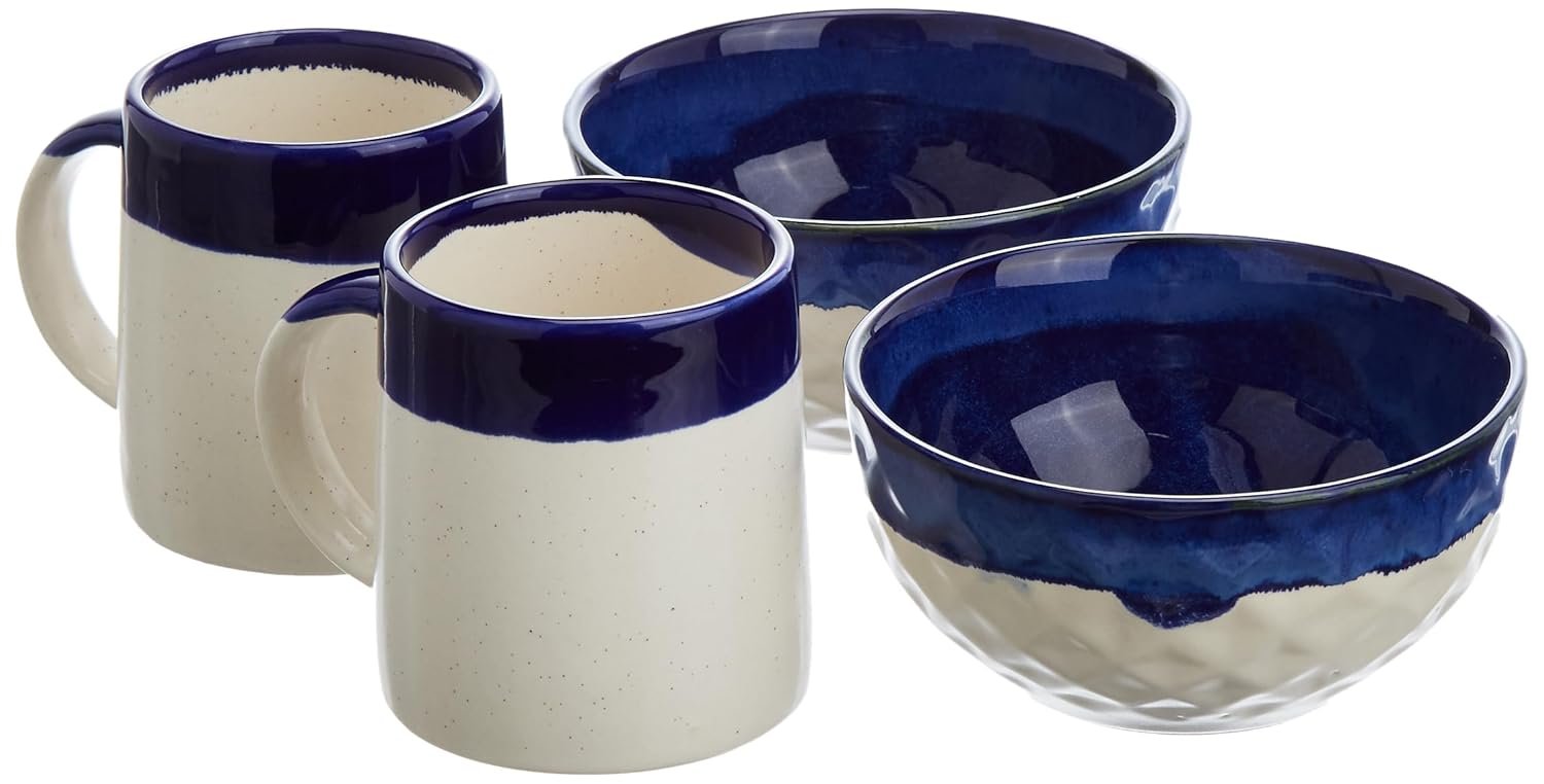 The Earth Store Studio Pottery Dual Tone White and Blue Coffee Mug with Snack Bowl- Set of 2 Each, Microwave and Dishwasher Safe Coffee Mug Set of 2 | Serving Bowl Set of 2 | Snack Bowls