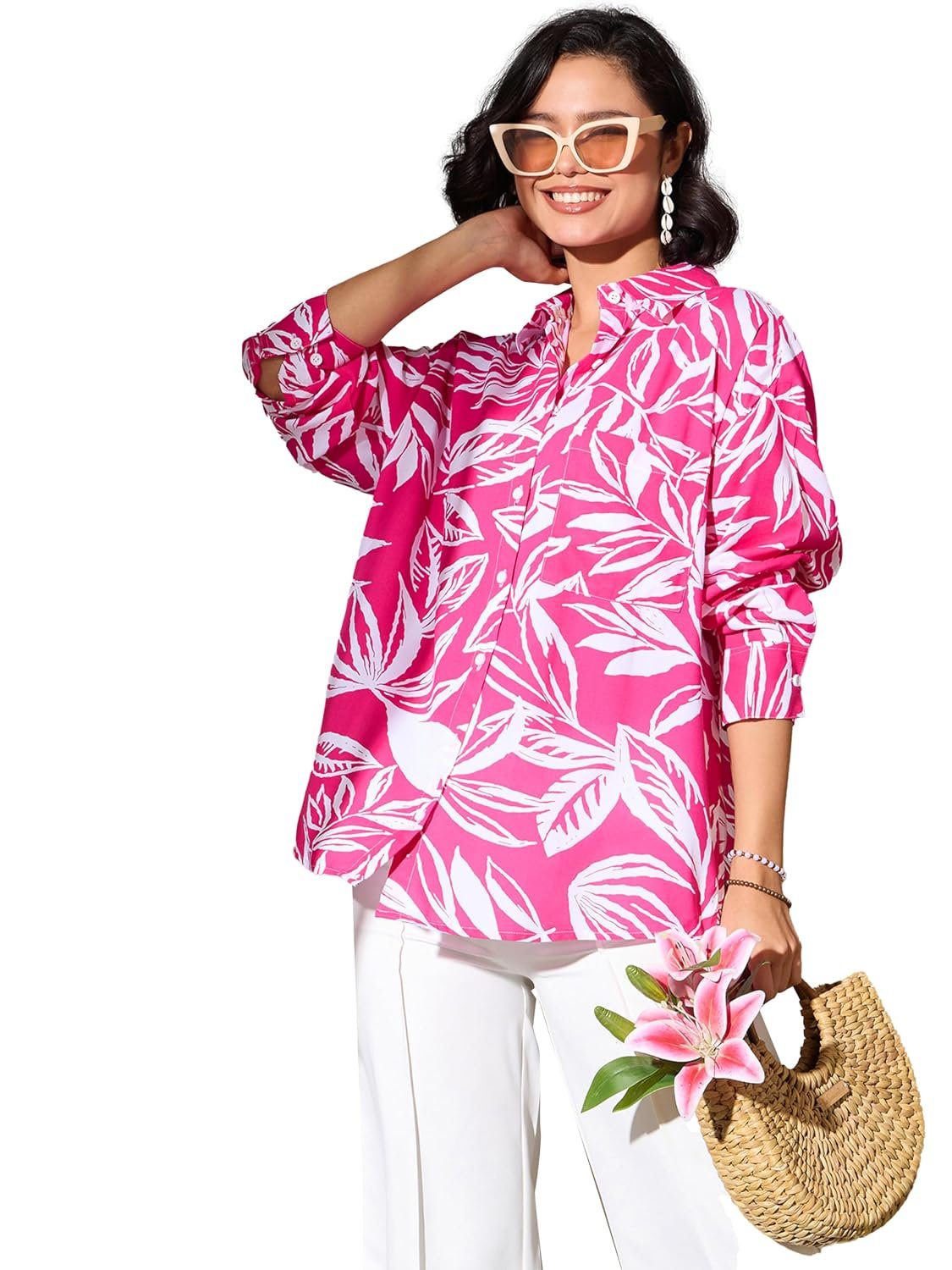 barcino Fuchsia Tropical Floral Oversized Shirt