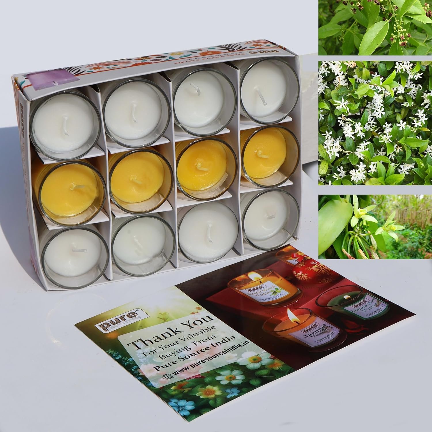 Pure Source India Pack of 12 Votive Scented Candles – Assorted Fragrances | Long-Lasting Aromatherapy Candles for Home, Decor, Spa & Gifting (Sandalwood, Jasmine, Vanilla)