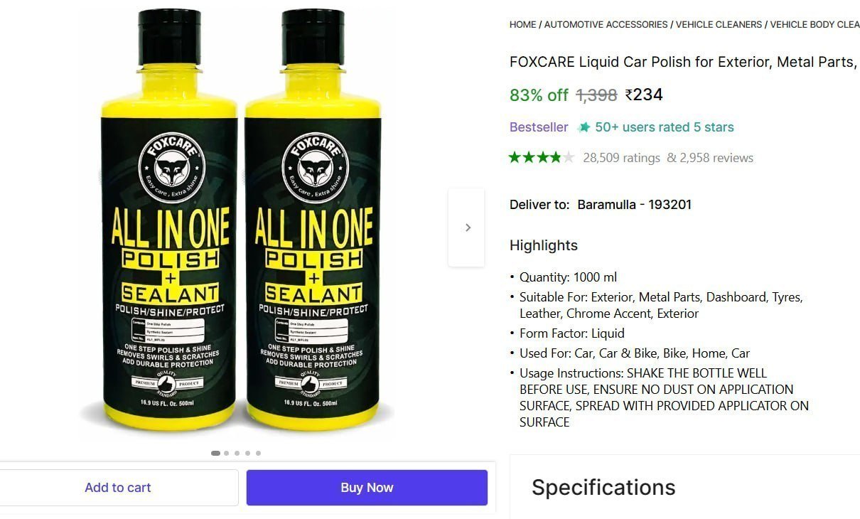 FOXCARE Liquid Car Polish for Exterior, Metal Parts, Dashboard, Tyres, Leather, Chrome Accent, Exterior Price in India - Buy FOXCARE Liquid Car Polish for Exterior, Metal Parts, Dashboard, Tyres, Leat