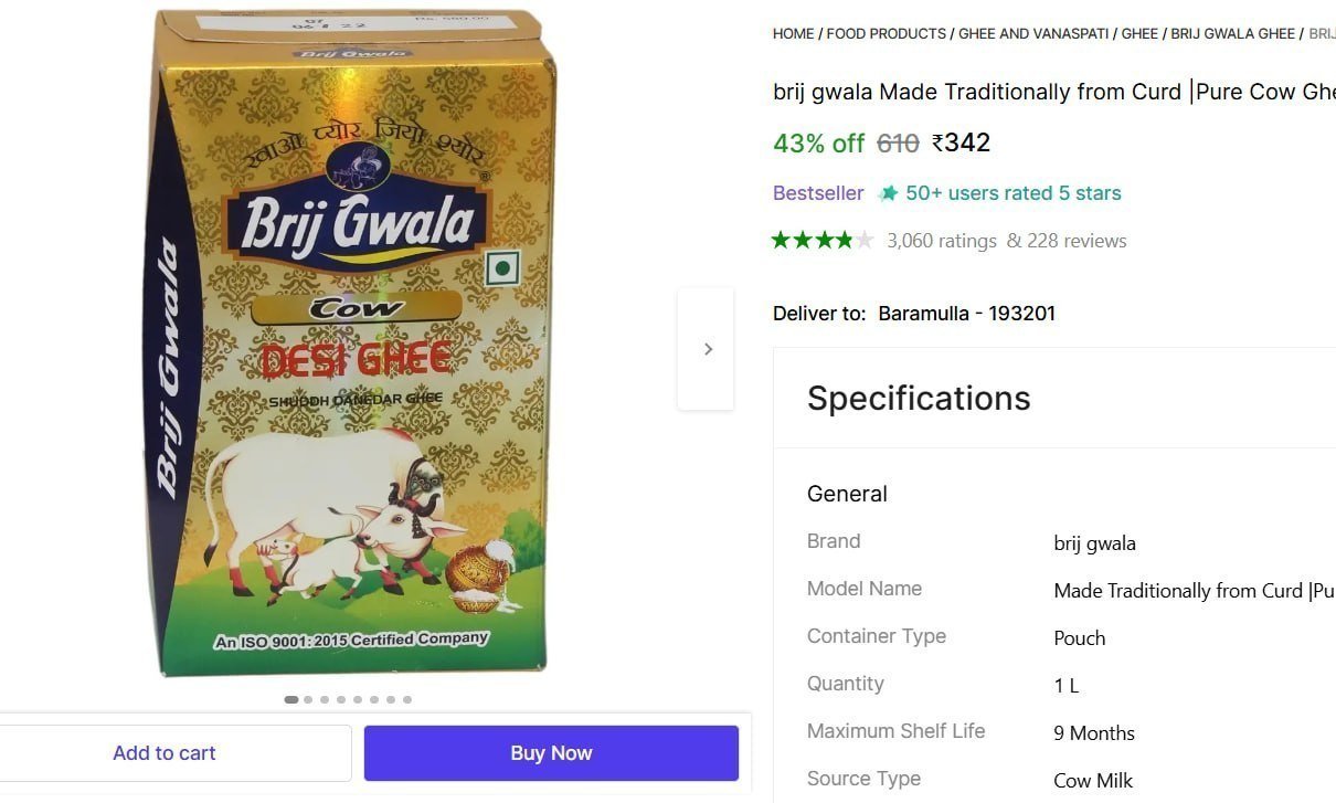 brij gwala Made Traditionally from Curd |Pure Cow Ghee for Better Digestion and Immunity Ghee 1 L Pouch Price in India - Buy brij gwala Made Traditionally from Curd |Pure Cow Ghee for Better Digestion