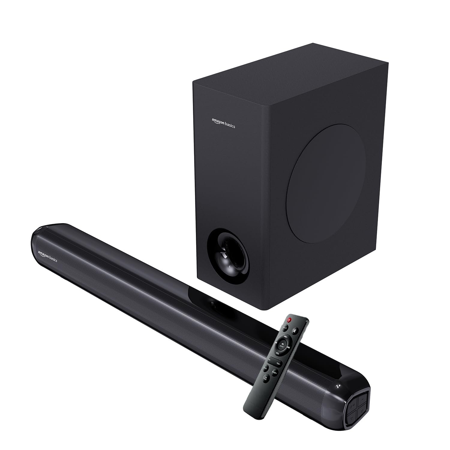 amazon basics 90W Soundbar with Wired Subwoofer | 2.1 Channel Home Theatre|Bluetooth 5.3, HDMI ARC, USB, AUX | Deep Bass Subwoofer | Remote Control | Soundbar for Smart TVs, Gaming & Music (Black)
