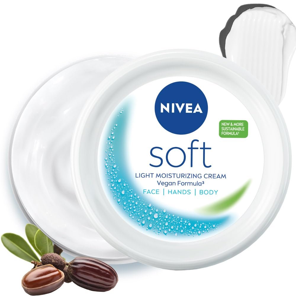 NIVEA Soft Moisturizing Cream, Lightweight Non-Sticky Daily Moisturizer with 72Hr Hydration, Vitamin E & Jojoba Oil | Hydrating Face, Body & Hand Cream for Dry to Normal Skin | Soft Glowing Sk