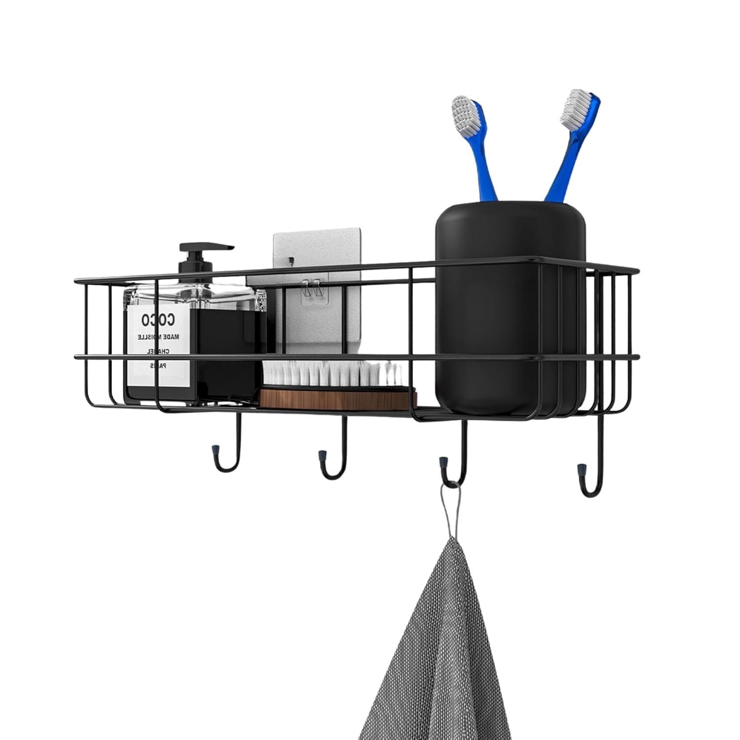RAYMOX Stainless Steel Bathroom Shelf for Wall, Self Adhesive Bathroom Organiser, 4 Hooks for Towel Holder, Space-Saving Wall Mounted Bathroom Shelf with Elegant Design (Pack of 1, Black)