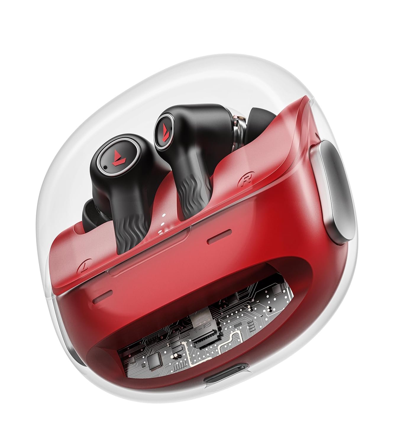 boAt Nirvana Crystl, Transparent Case,Spatial Audio, ANC(~32dB), 100Hrs Battery,4Mics ENx,App Support, Bluetooth Earbuds, TWS Ear Buds Wireless Earphones with mic (Blazing Red)