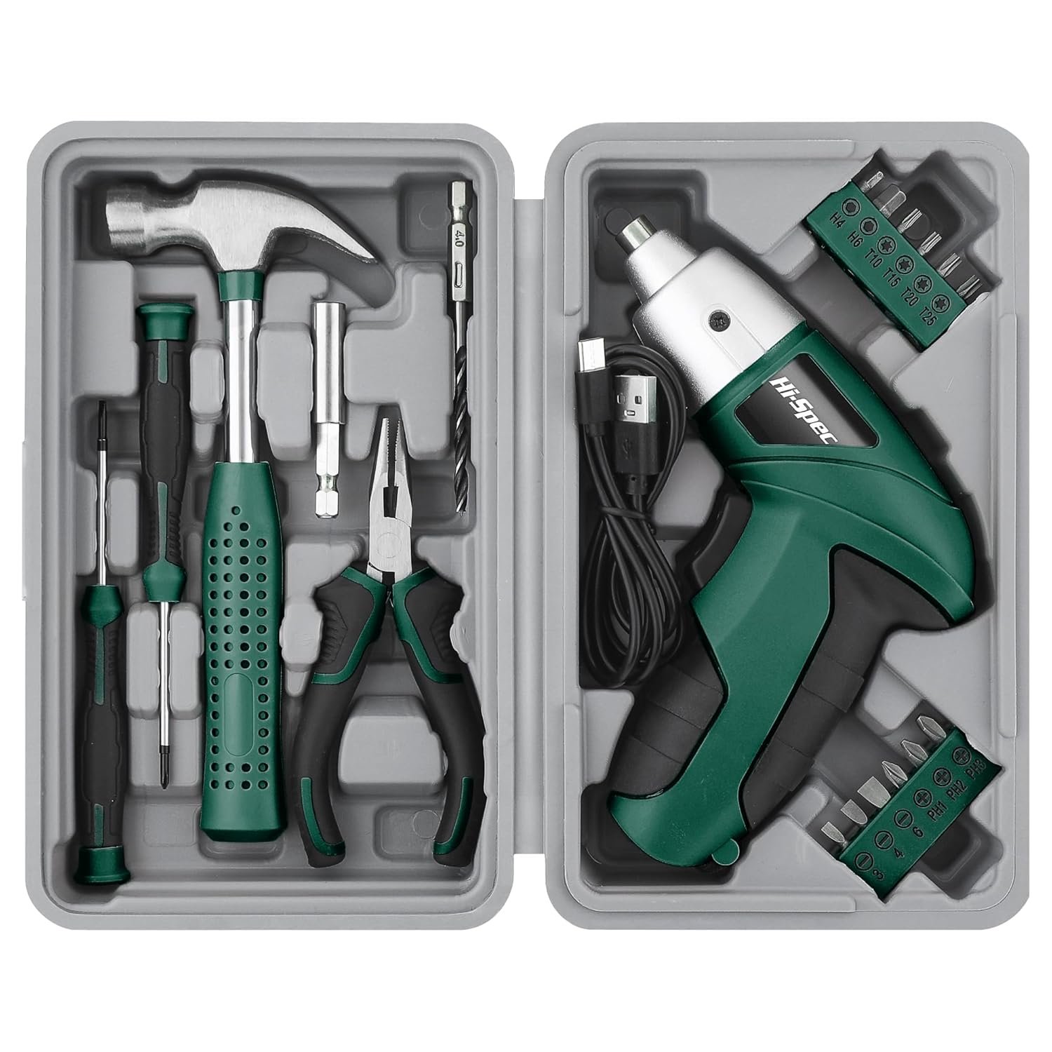 Hi-Spec Cordless Electric Screwdriver, Power Screw Driver Set with Pink Compact Tool Kit for Small Repair and Maintenance- Ideal Housewarming Gift,19 Piece (Green)