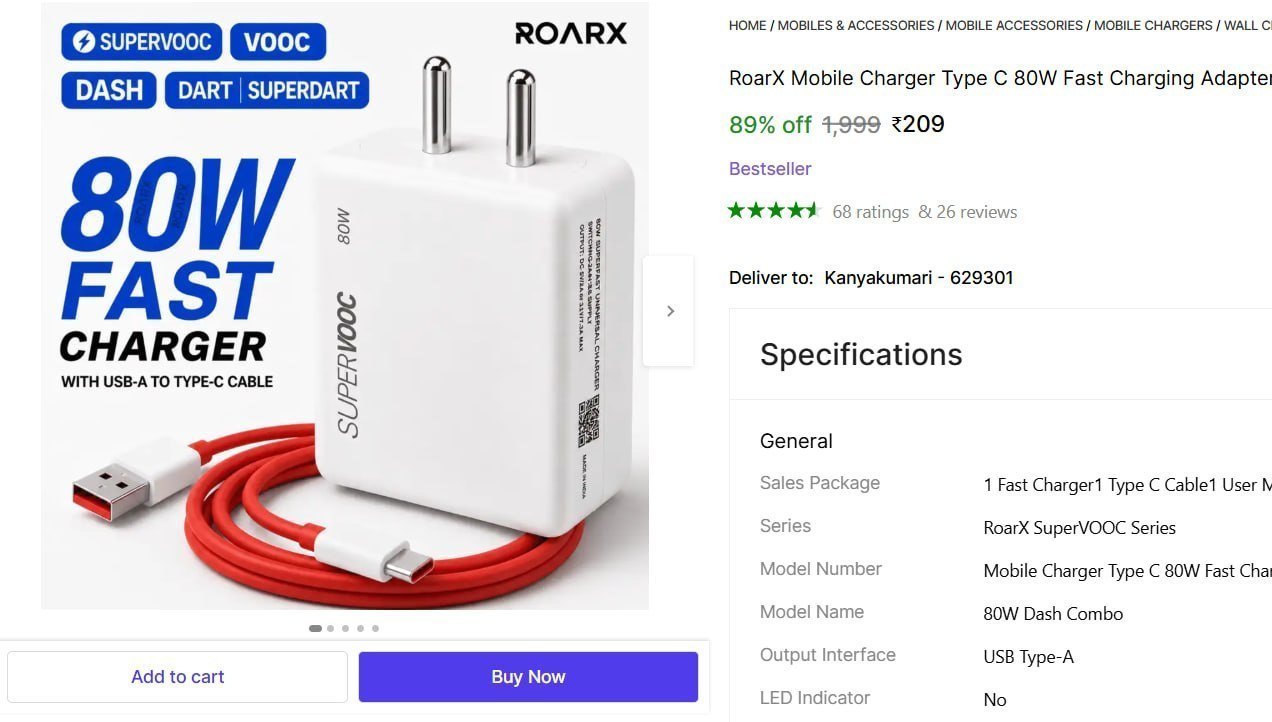 RoarX Mobile Charger Type C 80W Fast Charging Adapter VOOC Dash Compatible 7 A Mobile Charger with Detachable Cable Price in India - Buy RoarX Mobile Charger Type C 80W Fast Charging Adapter VOOC Dash