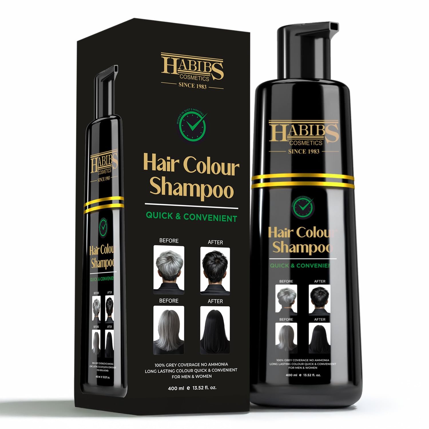 Habibs Hair Color Shampoo for Gray Hair – Magic Hair Dye Shampoo – Colors Hair in Minutes–Long Lasting–400 Ml–3-In-1 Hair Color Pack of 1