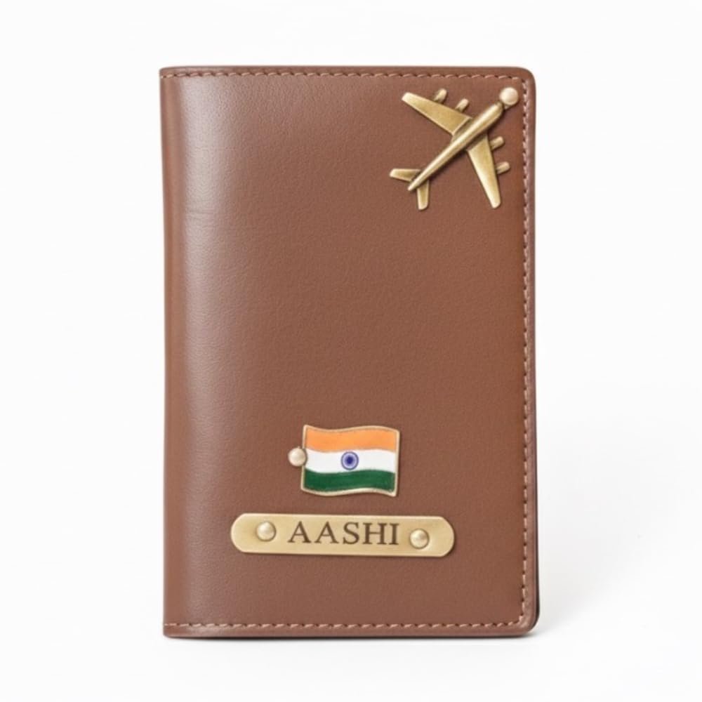 Little Cubess Personalized Faux Leather Passport Cover – Custom Name Travel Wallet for Men & Women, Stylish Blue Passport Holder, Gift for Husband, Wife, Father, Mother, Brother & Sister (Tan 