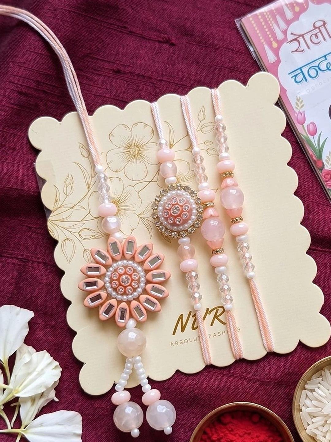Buy NVR Set Of 4 Beaded Family Pack Thread Rakhi With Roli Chawal Chandan Mishri -  - Accessories for Unisex