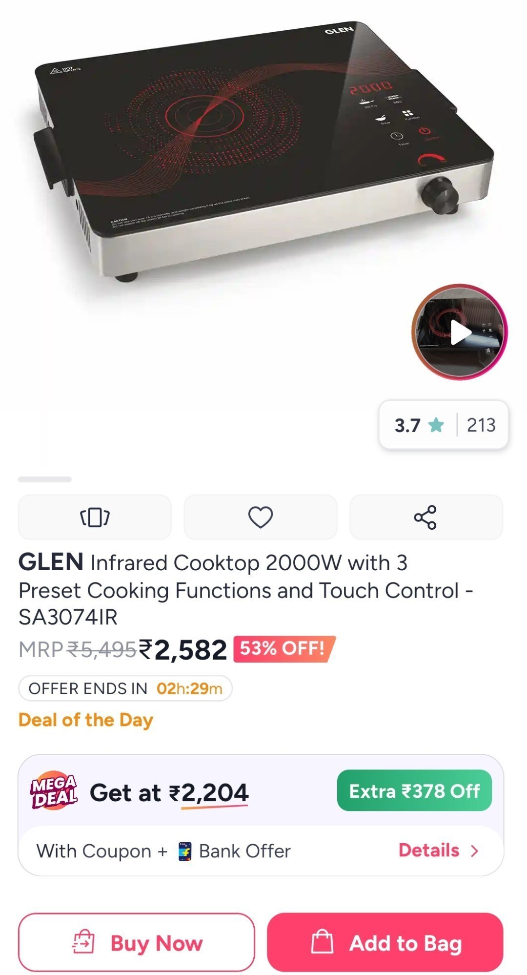 Buy GLEN Infrared Cooktop 2000W With 3 Preset Cooking Functions And Touch Control   SA3074IR -  - Home for Unisex