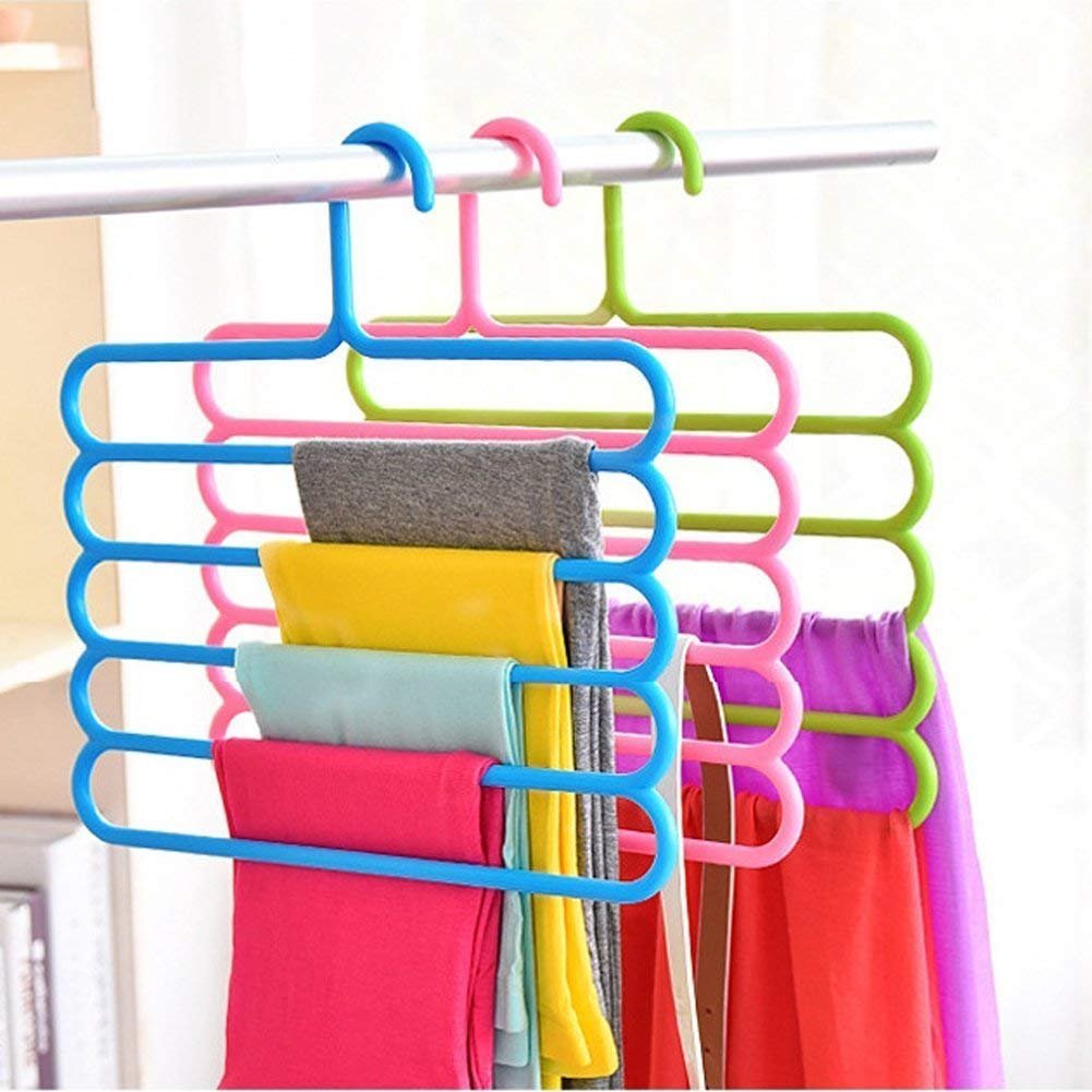 Primelife 5 Layer Pants Hanger - Assorted Colours (Set of 3) | Space Saving Trouser Jeans Organizer Rack | Plastic Multi Layer Clothes Wardrobe Storage Hanger | Durable Closet Organizer