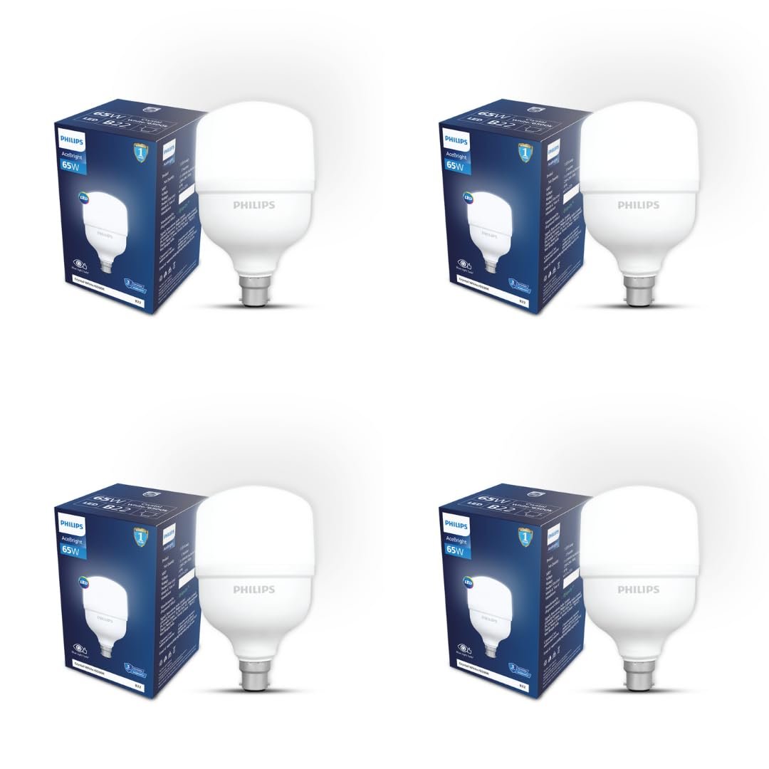 Philips AceBright 65W LED Bulb | 5200 Lumens High Brightness | B22 Base | Energy Efficient Lighting for Home & Commercial Use | Cool DayLight, Pack of 4