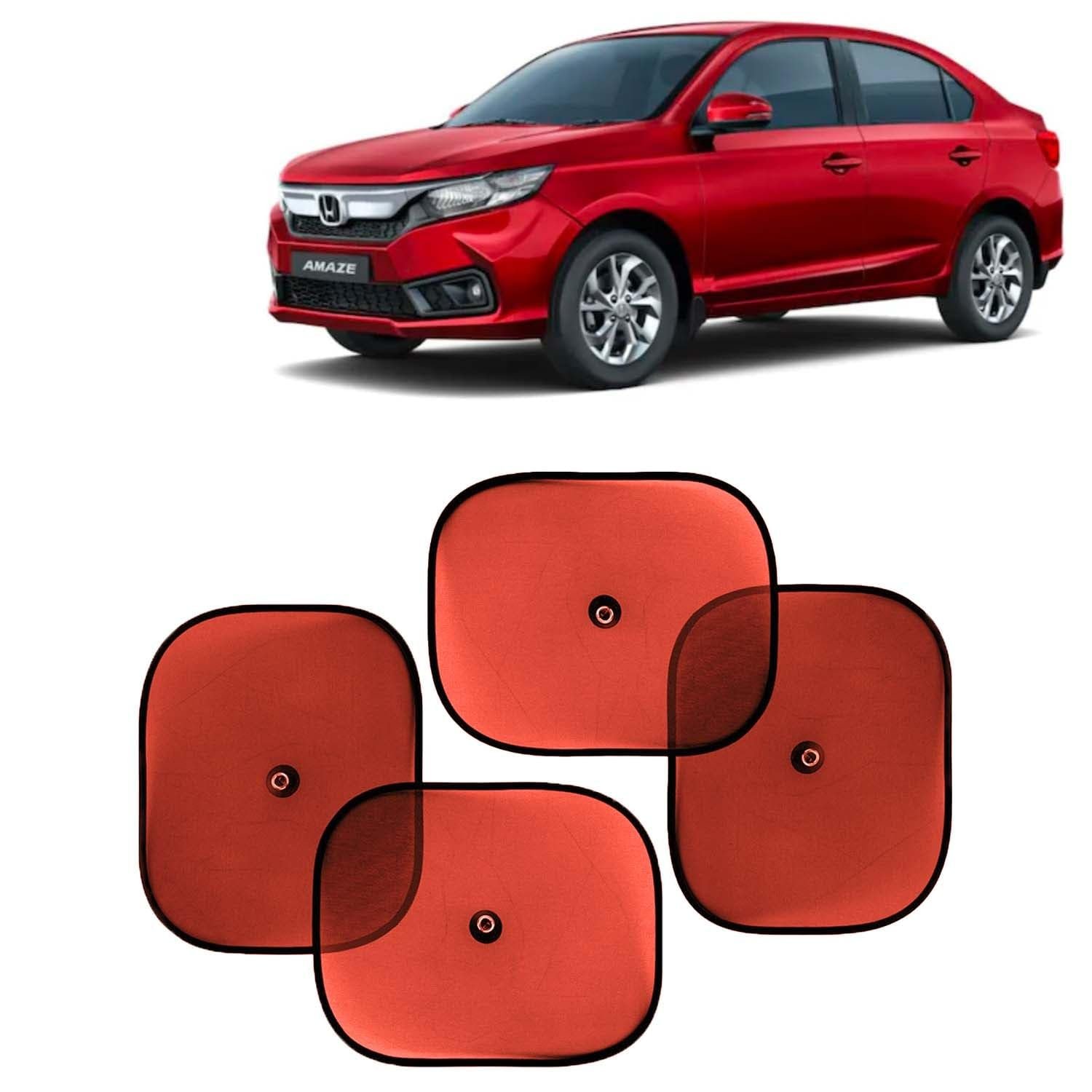 KINGSWAY Car Window Curtain Sticky Sun Shades Compatible with Honda Amaze, (Year 2023 Onwards), Universal Fit Sunshades for Side Window, Rear Window, Red Color, 4 Pieces