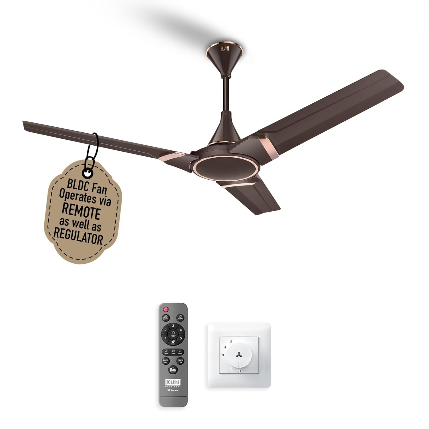 KUHL Prima A3-DUO 1200mm BEE 5-Star BLDC Ceiling Fan | 29W Energy Saving (Up to 65%) | High Airflow & Low Noise | Remote as well as Regulator Operated | 5 Year Motor Warranty | ISI Marked (Espress