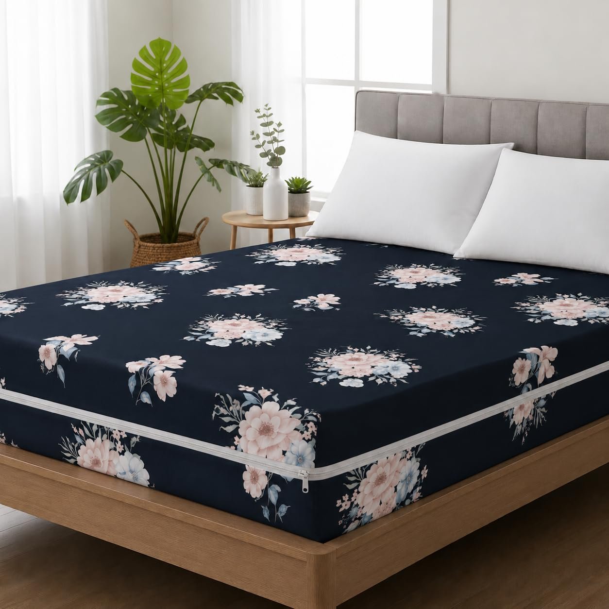 Premium Cotton Printed Mattress Cover/Protector with Zipper Chain|Provides All Around with 360° Encasing | Double King Size Bed - 78x72+8 inches (6.5 x 6 Feet Mattress) Black White Rose