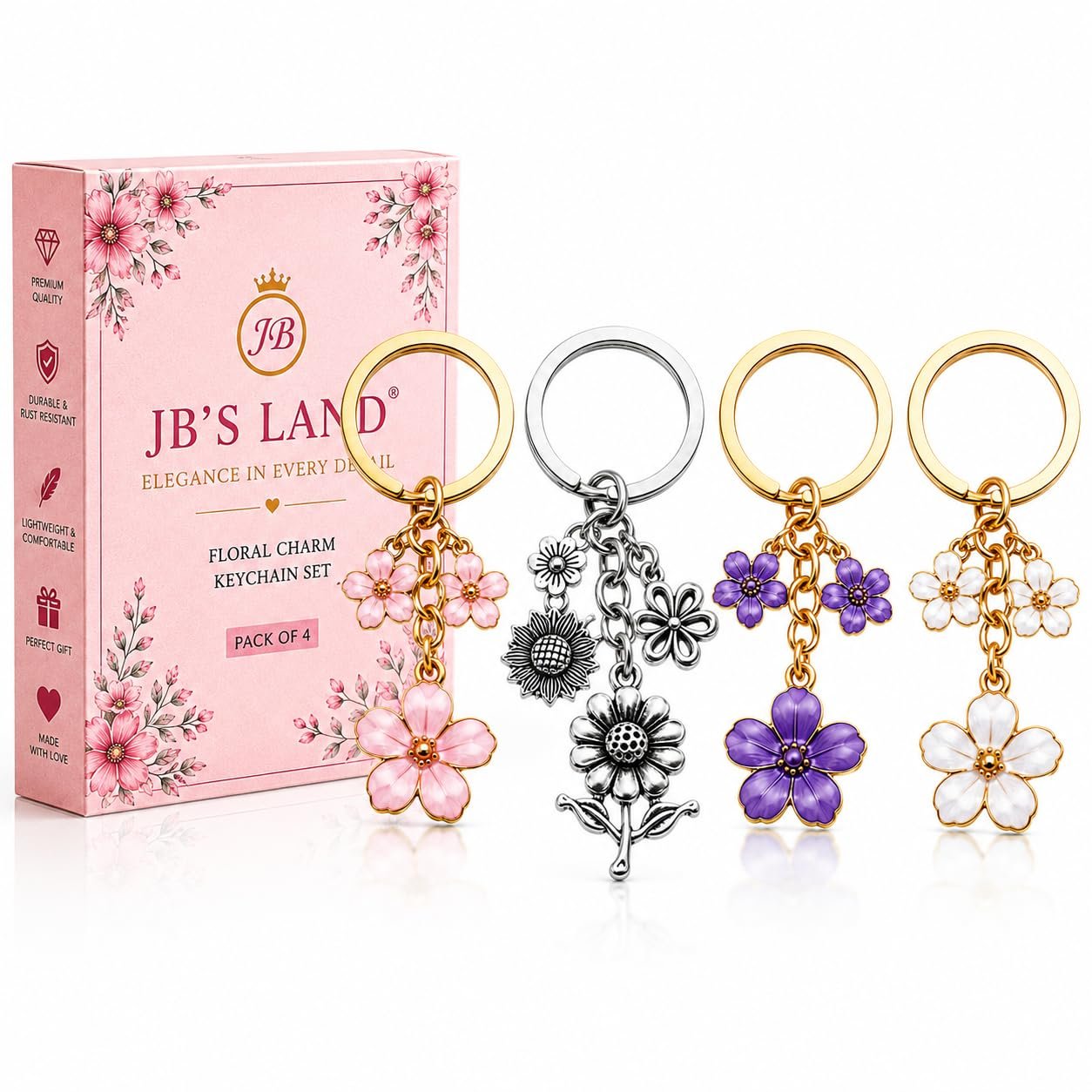 JB'S LAND Floral Charm Keychain Vintage Flower Metal Key Ring for Women | Bag Charm Pendant, Backpack & Car Key Holder, Aesthetic Design, Friendship Gift, For Women & Girls