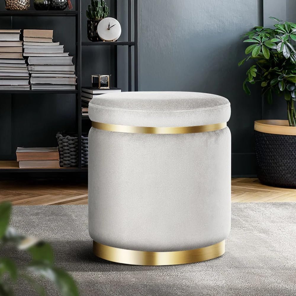 ETIQUETTE ART Upholstered Velvet Round Dual Strip Ottoman Office Stool Foot Rest Stool Linen Fabric Padded Seat Pouf Ottoman with Round Shape for Living Room (Grey)