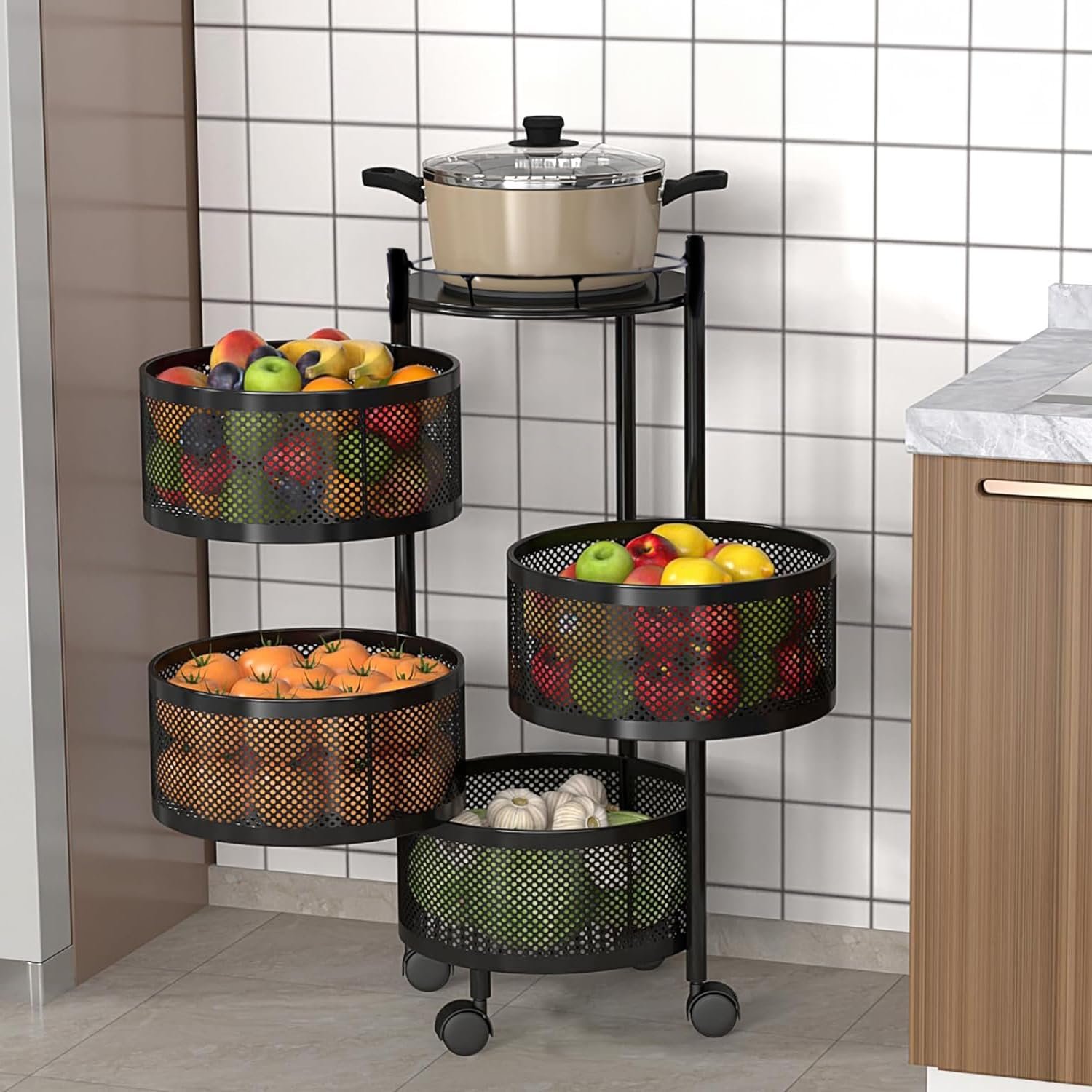 Storage Rack | 360° Revolving Vegetable Kitchen Rack | Round Multipurpose Storage Trolley with Wheels | Metal Fruit Storage Rack | Kitchen Cabinet Spice Rack (Black, 4 Layer)
