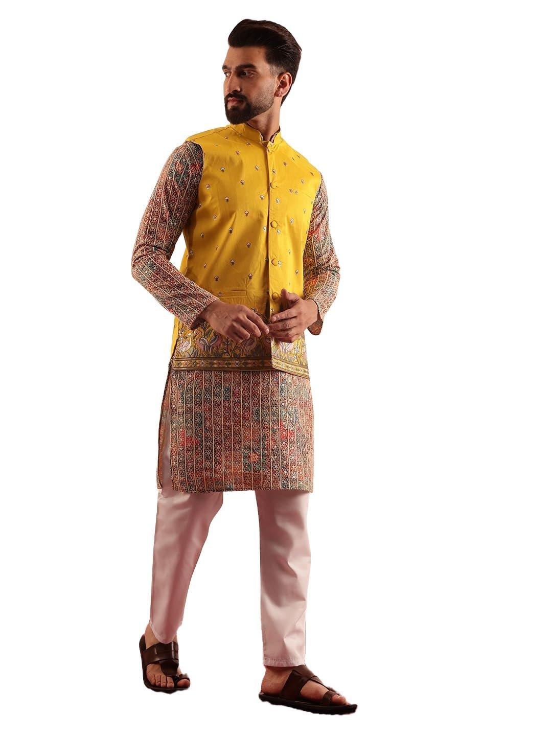 SOJANYA Men's Cotton Silk Multi color Kurta & White Pyjama With Daman Embroidered Jacket