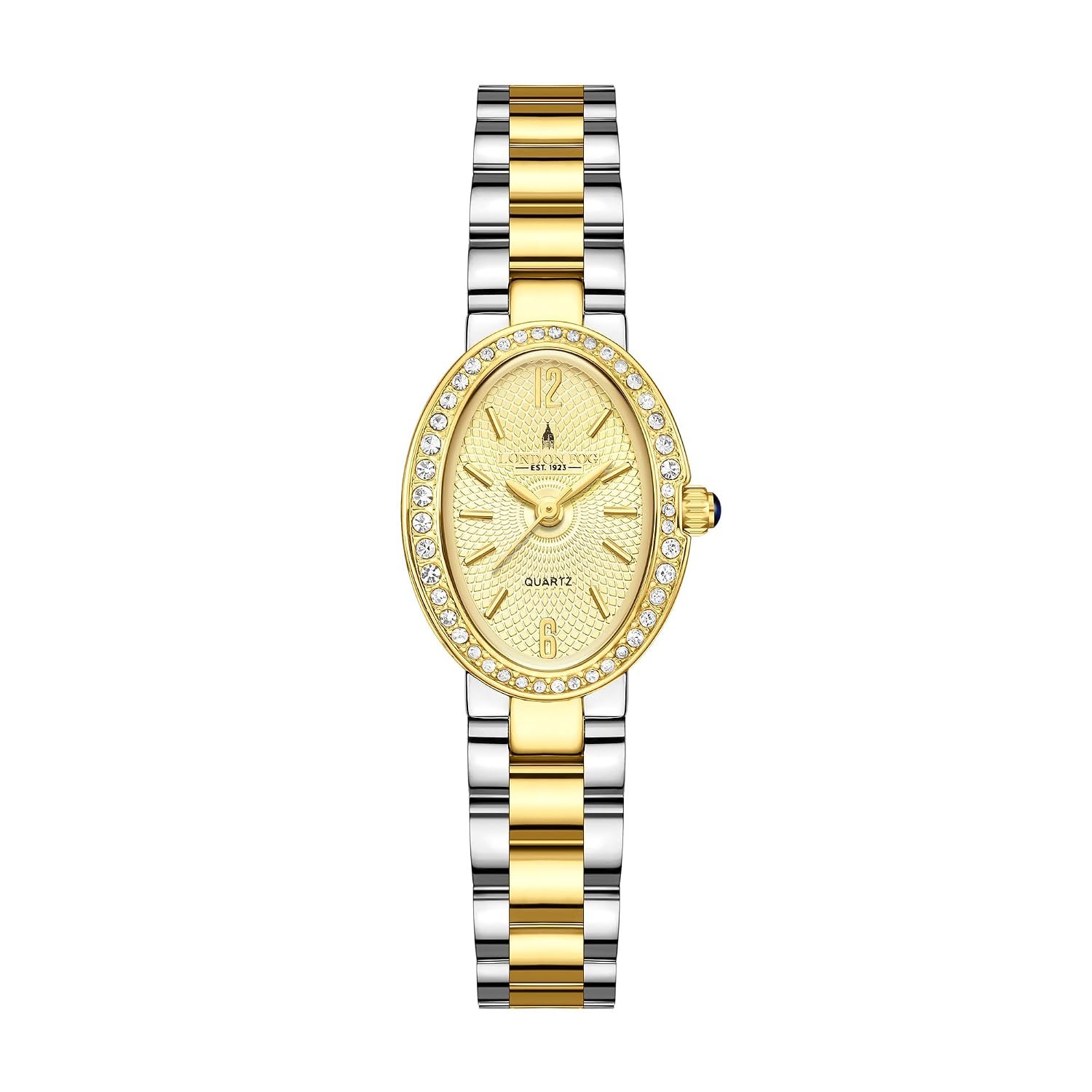 London Fog Queenhithe Collection Watch for Women with Oval Textured Dial, Crystal Studded Bezel, Blue Crown Accent, Quartz Movement and Stainless Steel Strap - LFW20003