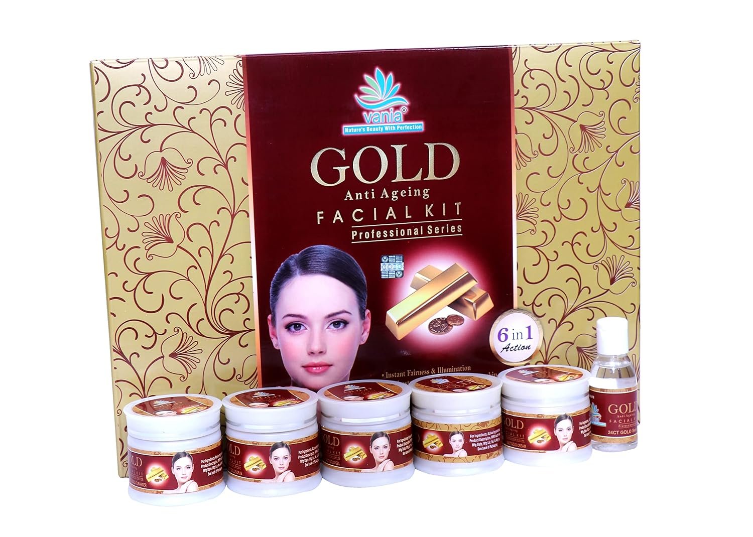 Vania Gold Facial Kit 300g - Anti-Aging, Improves Skin Elasticity, Replenishes Moisture, Nourishes Skin, Enhances Radiance, 6-in-1 Action for Face & Body, Rich Glow, Unisex