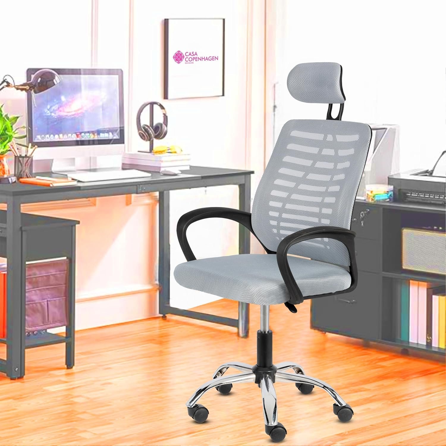 Casa Copenhagen,Mesh Office Desk,Rocking, Ergonomic Computer Chair Adjustable High with Headrest and Comfortable Armrest Swivel Chair - Grey & Black Handle