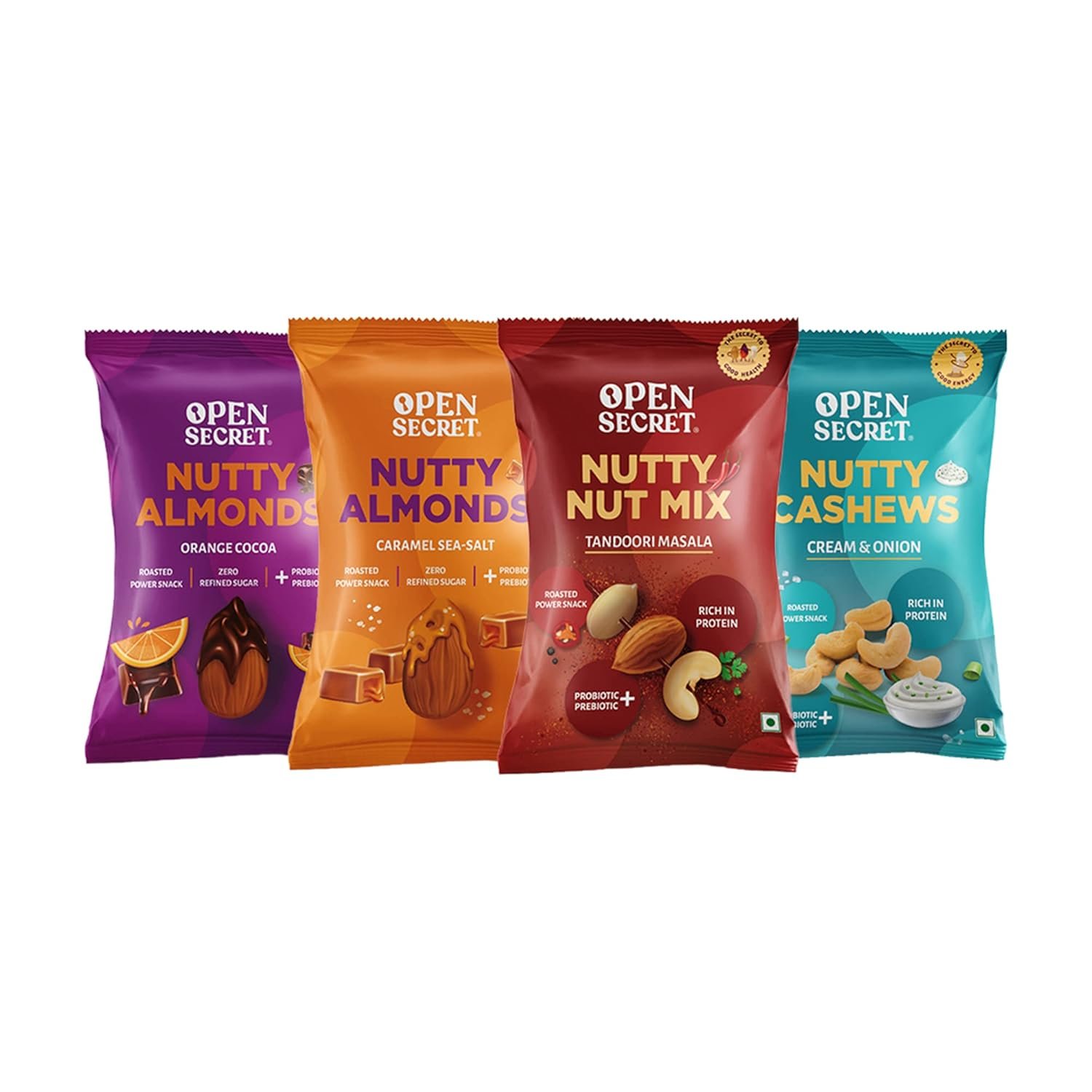 Open Secret Mini Nuts| Pack of 4 (23g each)|Snacks Gift hamper |Caramel Sea Salt & Orange Cocoa Almonds, Cream & Onion Cashew, Tandoori Nuts |Roasted Diet Dry Fruits |Immunity Boosters| Health