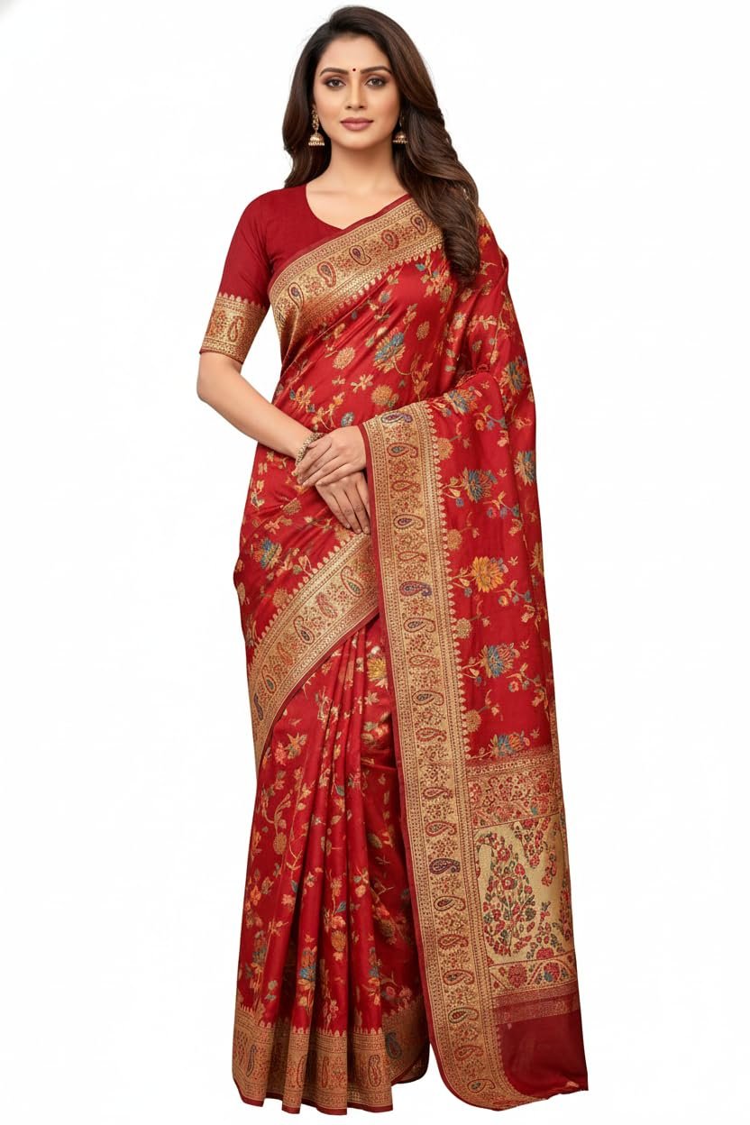 Traditional Indian Paisley Women's Pure Soft Silk Handloom Saree Pure Golden Zari With Blouse Piece Woven Zari Floral Pattern Red
