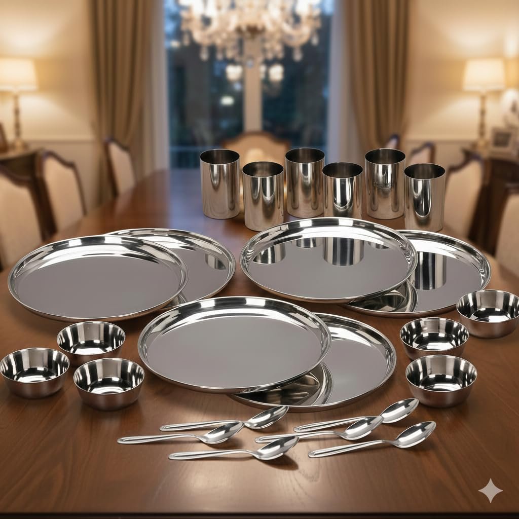 Stainless Steel Solid Heavy Mirror Finish Dinner Set of 24 Pcs (6 Plate, 6 Bowl/Wati, 6 Glass, 6 Spoon), Silver Dinning Set