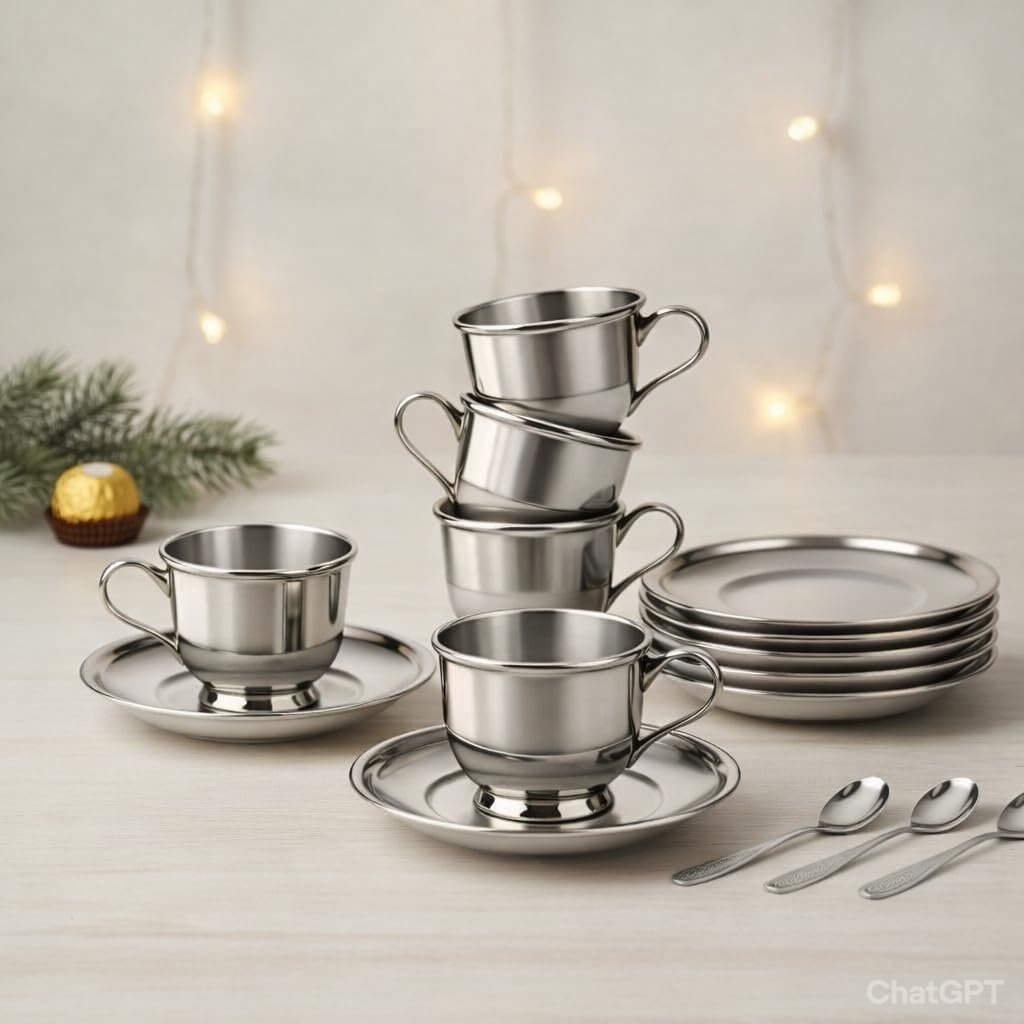 Tableware Stainless Steel Cups and Saucer with Spoon, 180 ml Tea Cup Set of 6 Cup and Saucer Set for Tea Milk & Coffee Chai, Tea Cup Set Lattee Cups
