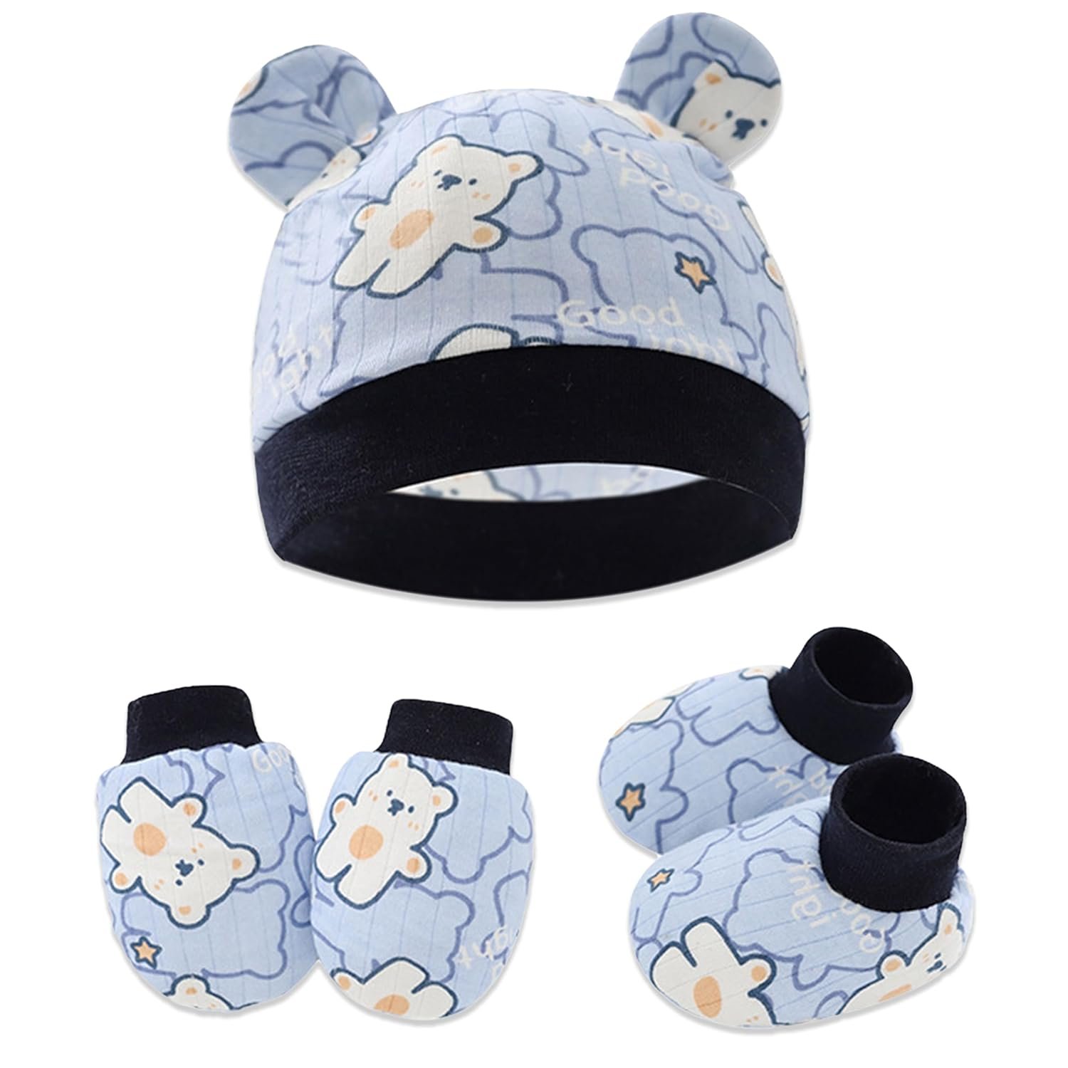 Bembika Cotton Baby Mittens – Soft, Non-Slip Baby Mittens & Socks for Winter, Warm Infant Cap for Scratching, 0-3 Months, Newborn Baby Mittens-(Navy Blue)