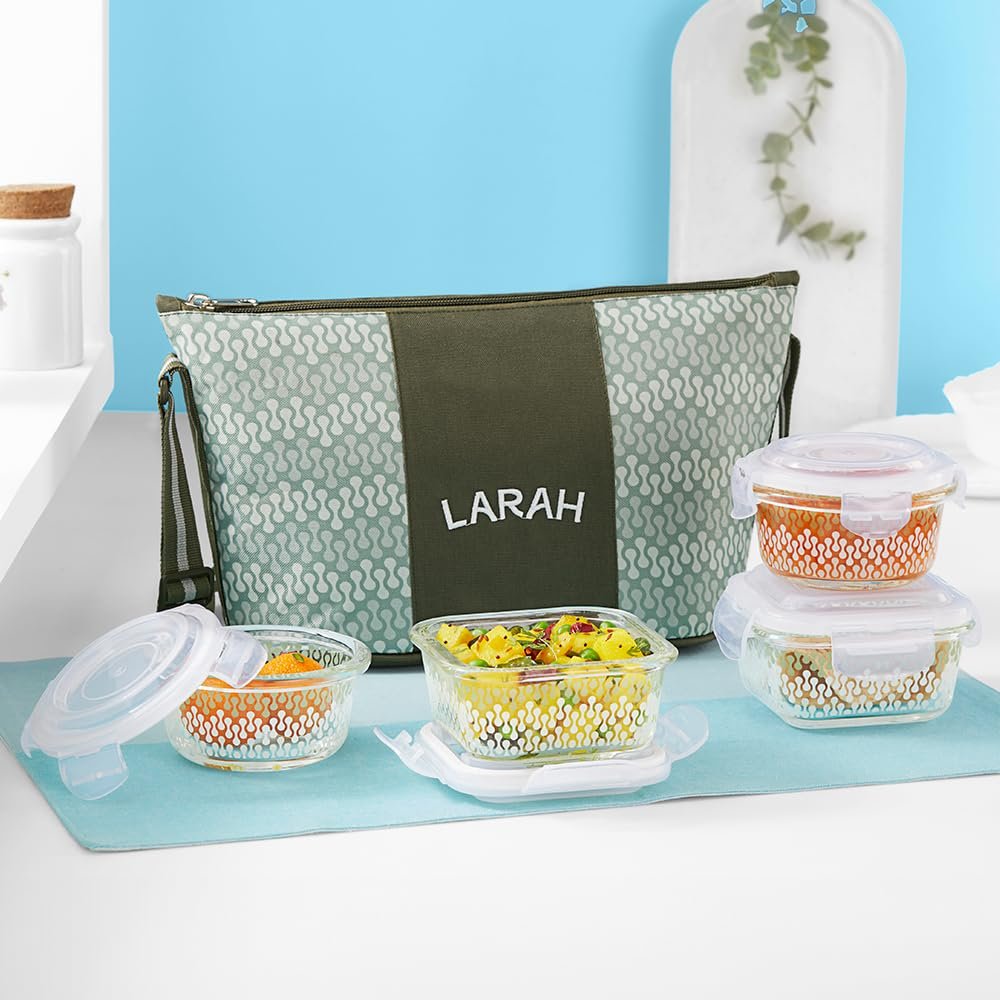 Gracia Daisy Borosilicate Glass Lunchbox with Bag | Set of 4 (320ml x 2 Square + 240ml x 2 Round) | Microwave & Dishwasher Safe, Leakproof | Tiffin for Office, School | Green