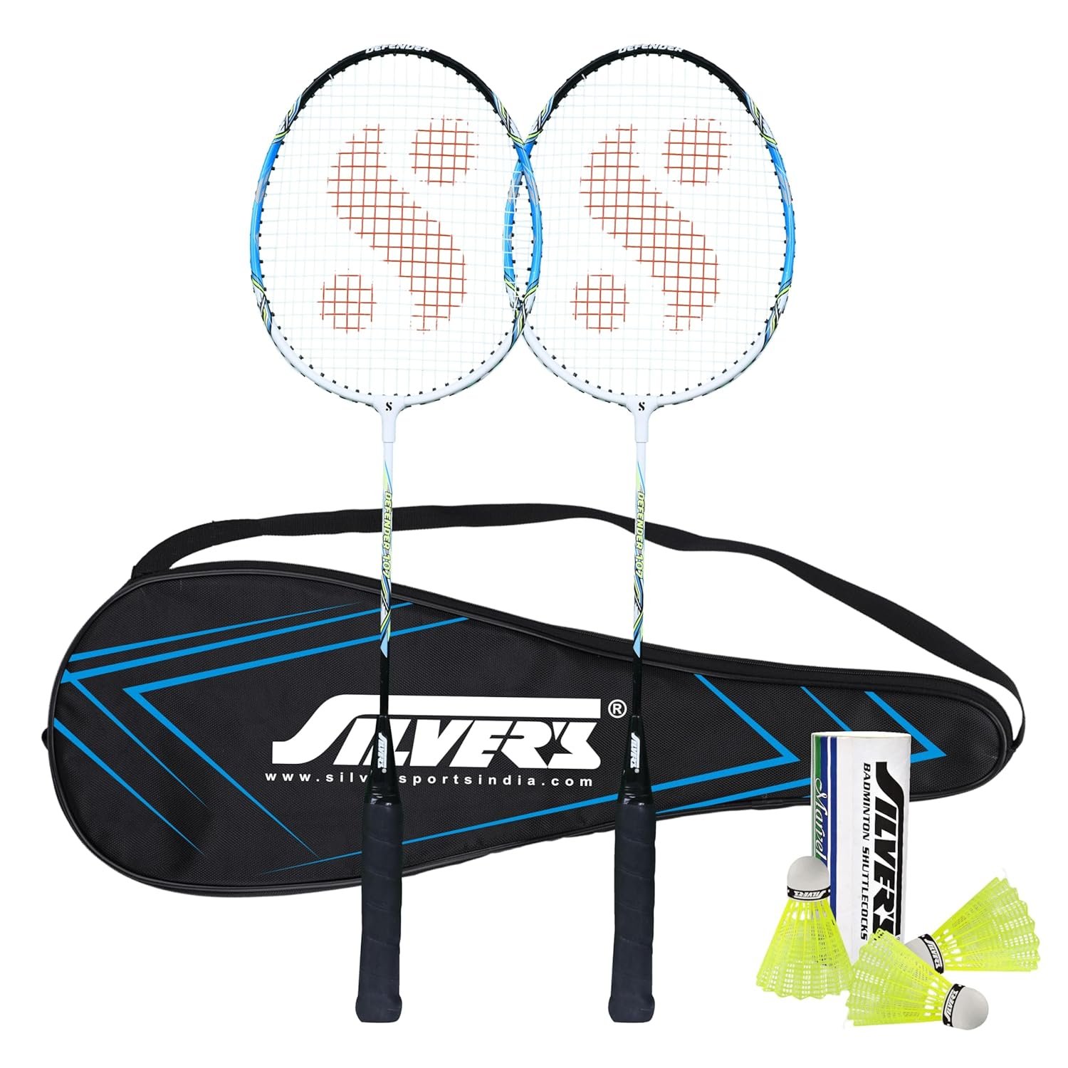 Silver's Aluminium Defender Badminton Kit (2 Racquets with Full Cover, 1 Box Plastic Shuttlecock Pack of 3)(Blue/White)