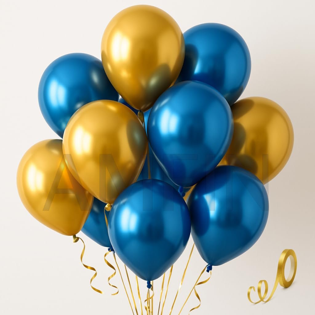 AMFIN (Pack of 10) 10 inch Metallic Chrome Balloons. Birthday, Anniversary Decoration Items - Gold, Dark Blue