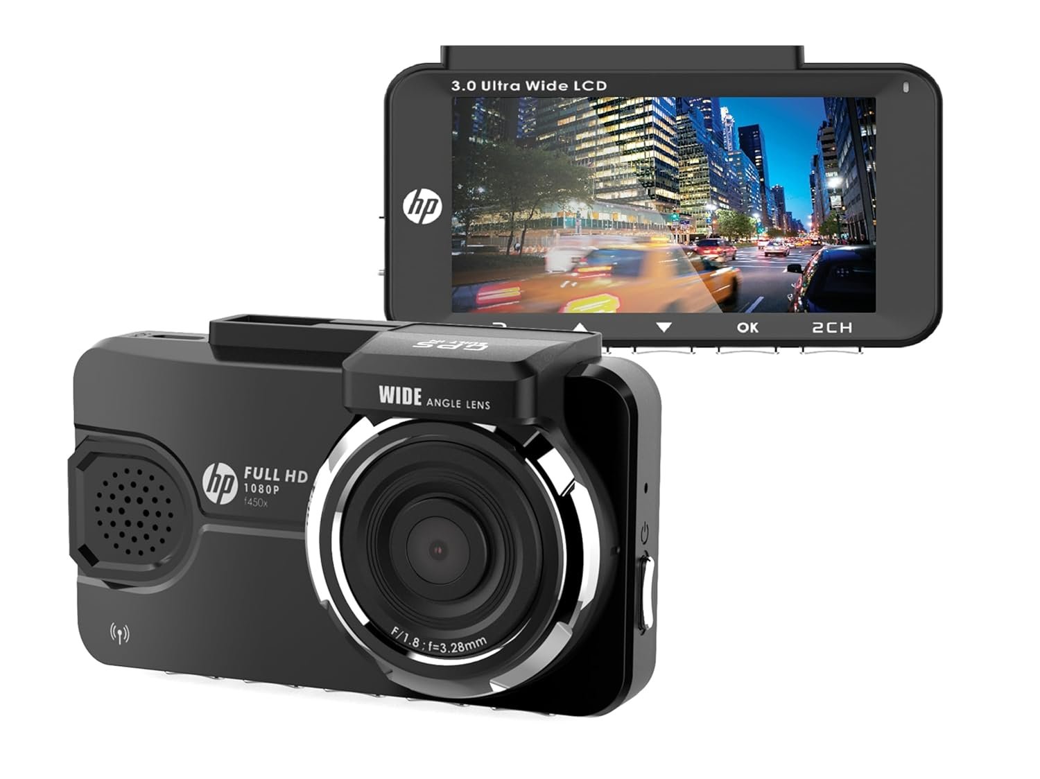 HP Dash Cam f450x (Full HD- 1080P Recording with GPS & WI-FI Includes Front & Rear Camera