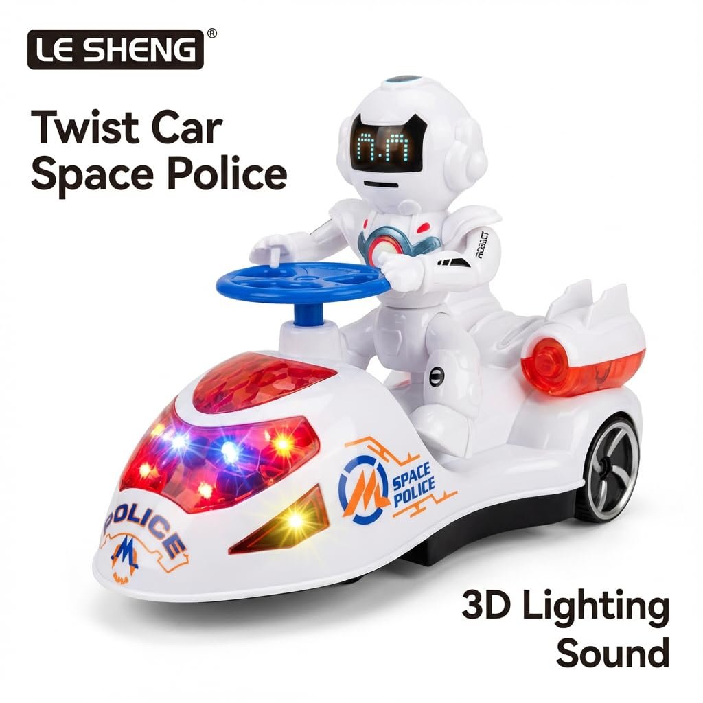 Space Police Robot Car Toy for Kids | 360° Twist Action, 3D LED Lights & Sound Effects | Battery Operated Musical Racing Car with Steering Wheel | Fun Gift for Boys & Girls